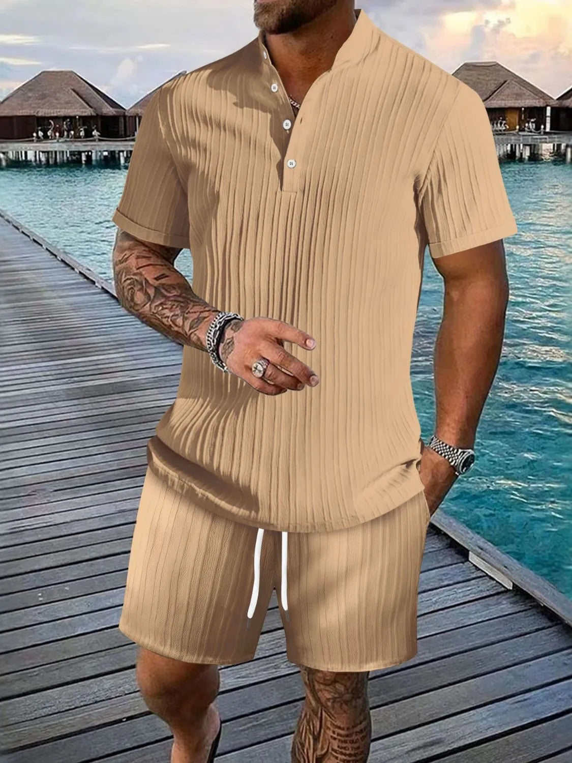 Men's Full Size Button Detail Short Sleeve Top and Shorts Set Plus Size
