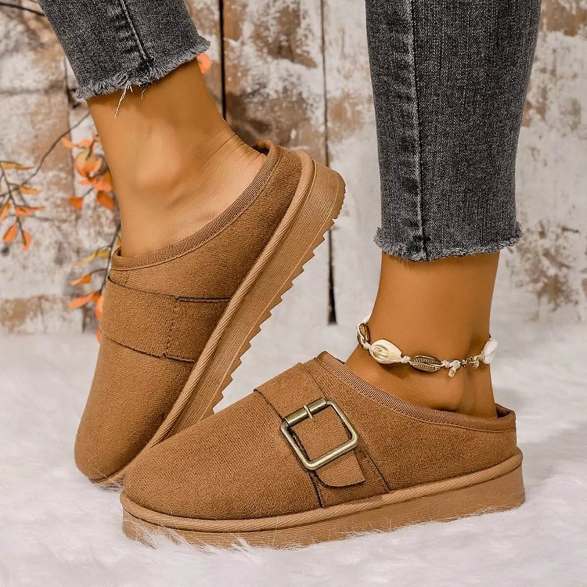 Buckle Decor Plush Lined Warm Slippers
