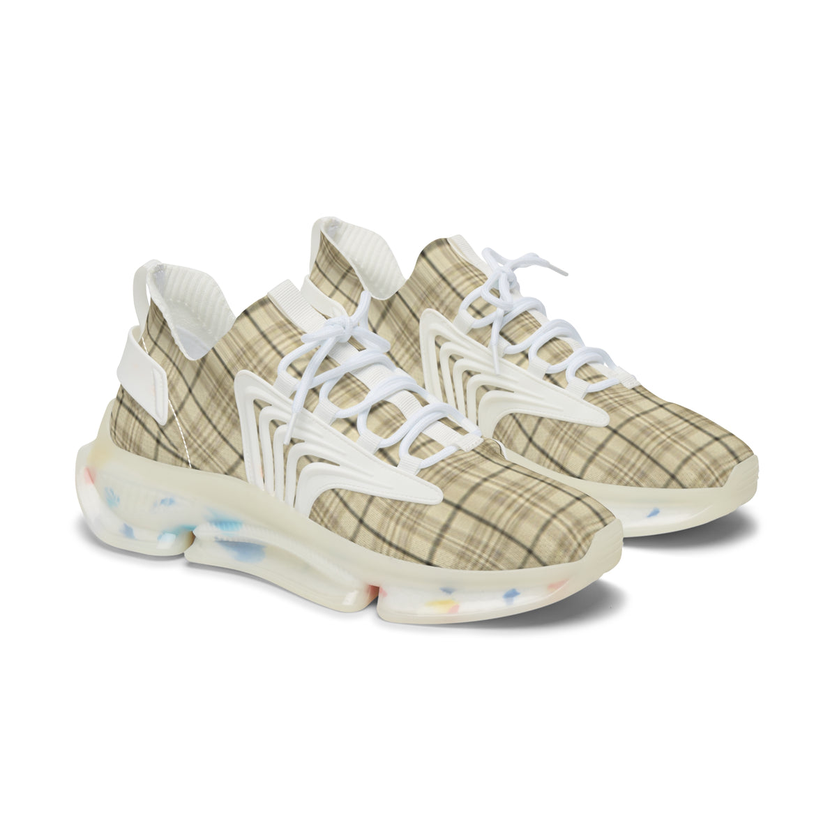 Plaid Mesh Sneakers — Women's Beige Lightweight Athletic Shoes