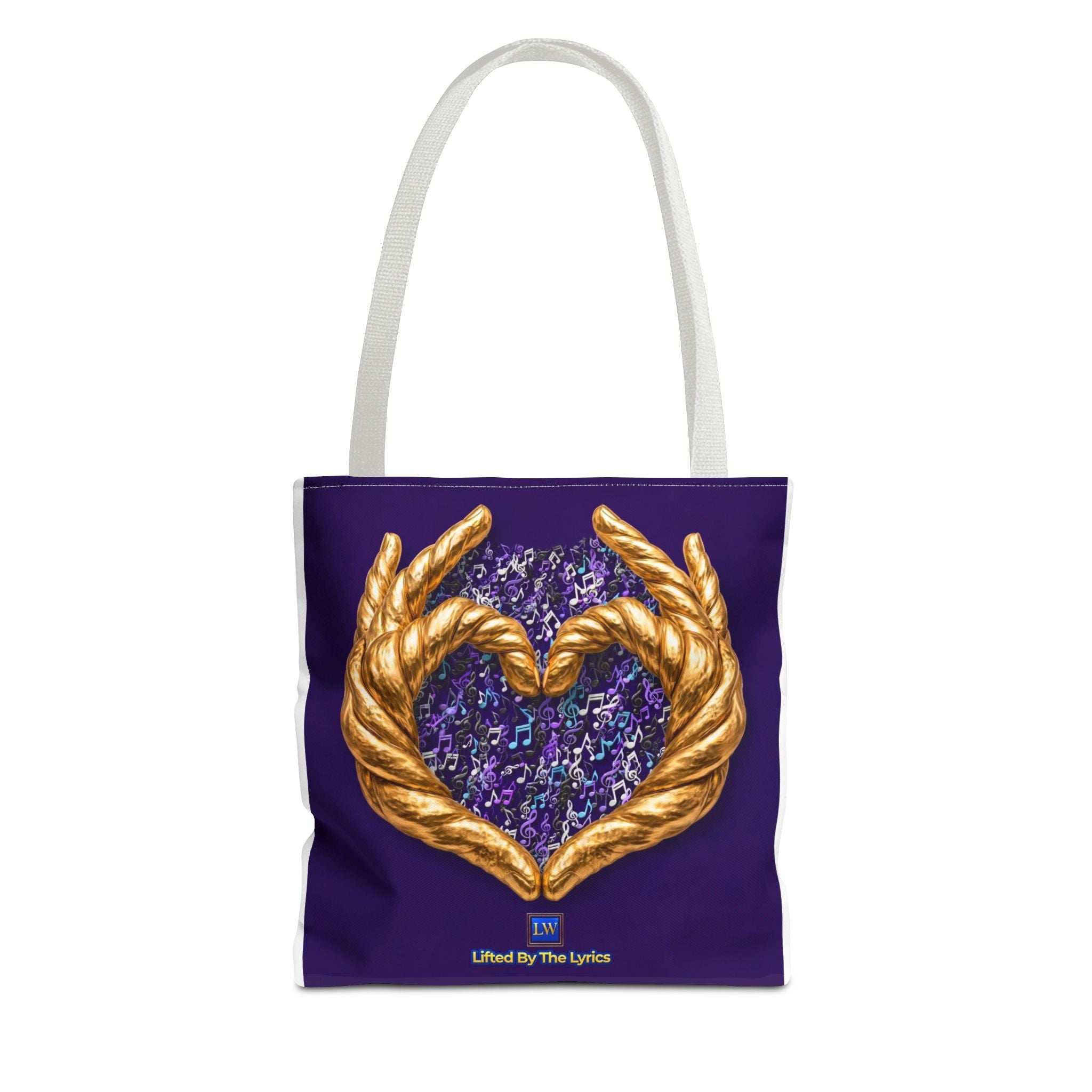 Purple Heart Tote Bag with Gold Hand Heart Design – "Lifted By The Lyrics" Art Tote
