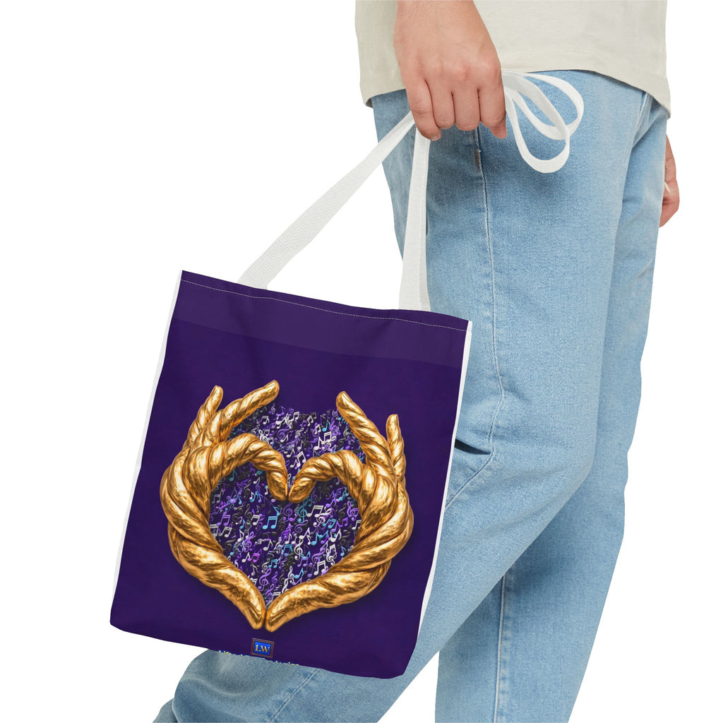 Purple Heart Tote Bag with Gold Hand Heart Design – "Lifted By The Lyrics" Art Tote