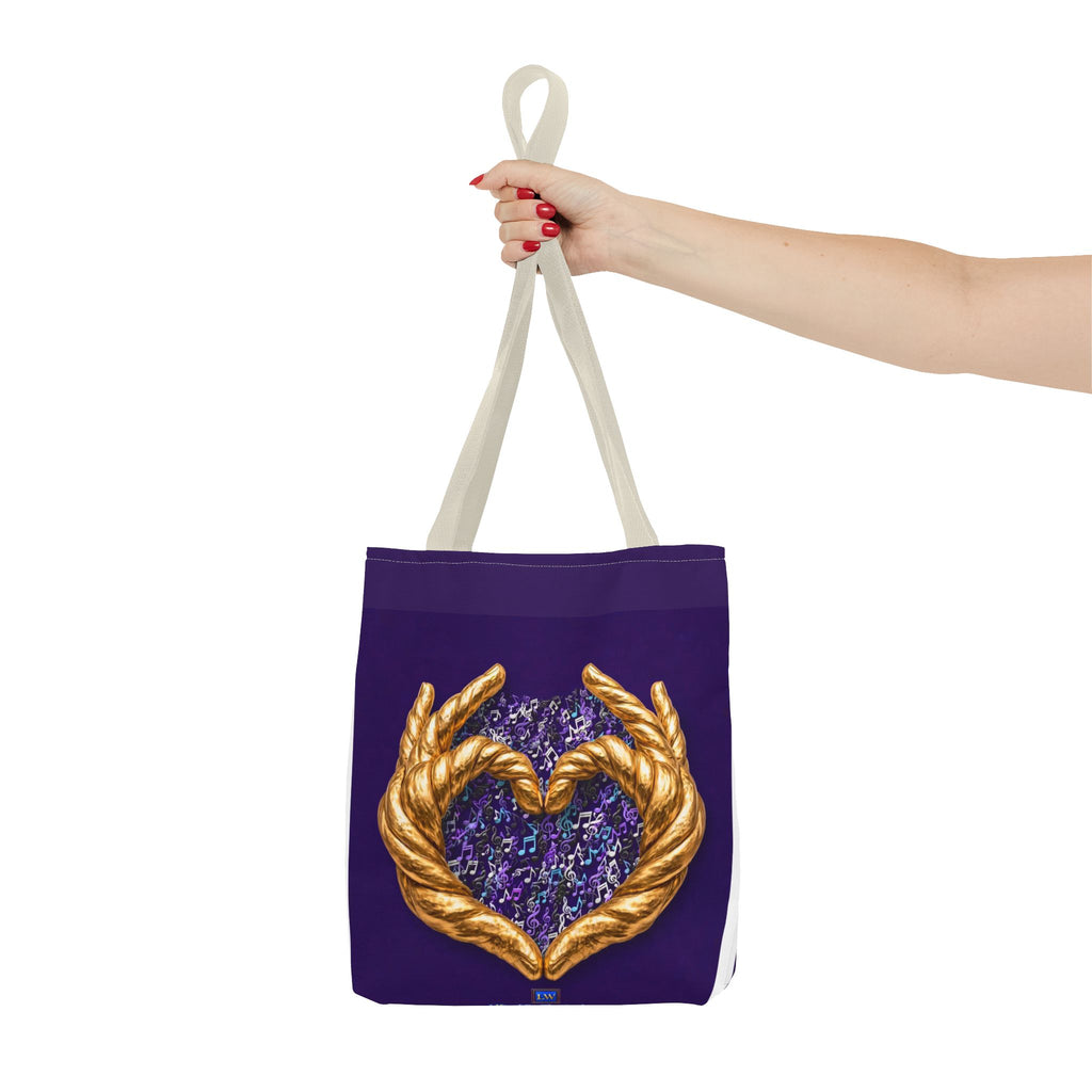 Purple Heart Tote Bag with Gold Hand Heart Design – "Lifted By The Lyrics" Art Tote