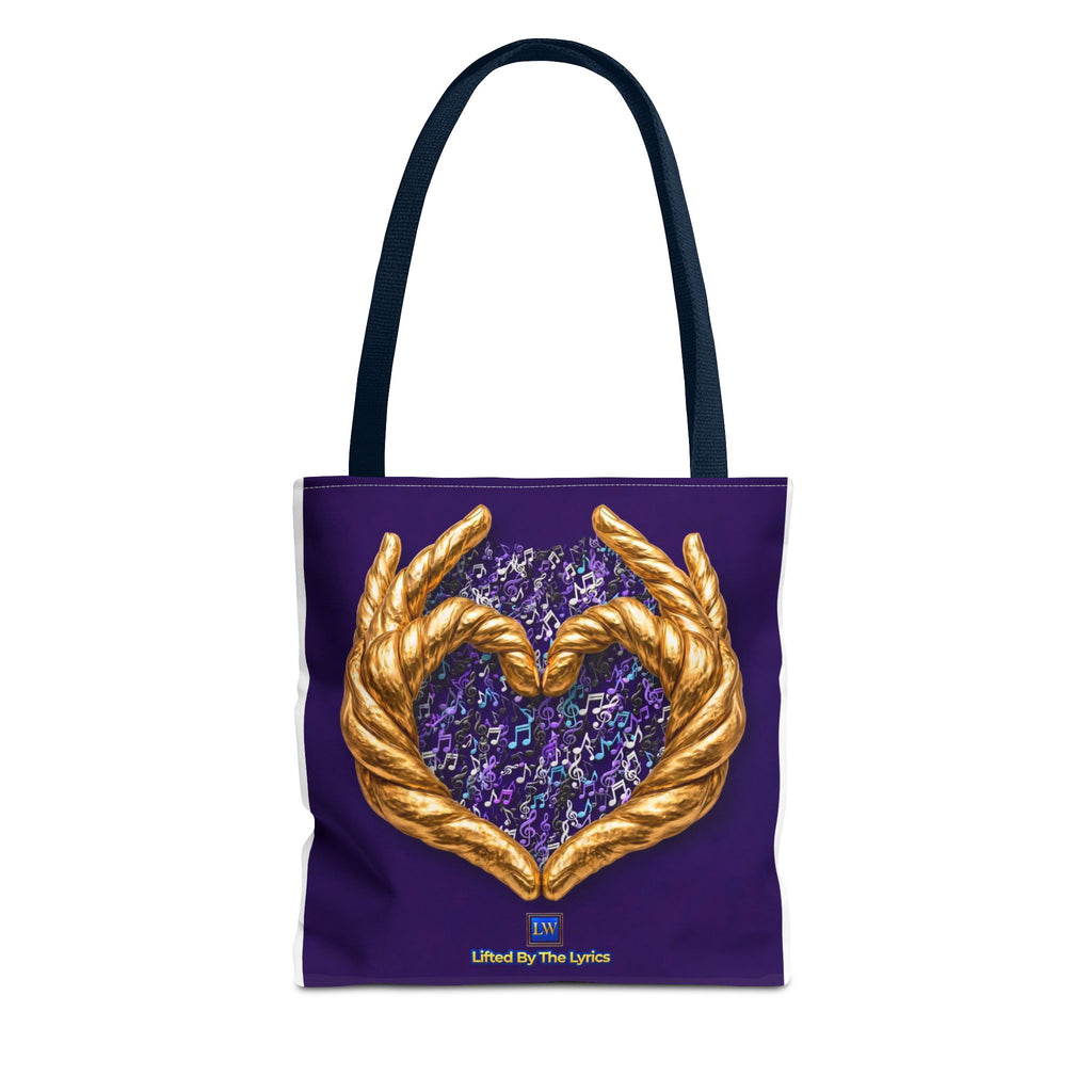 Purple Heart Tote Bag with Gold Hand Heart Design – "Lifted By The Lyrics" Art Tote