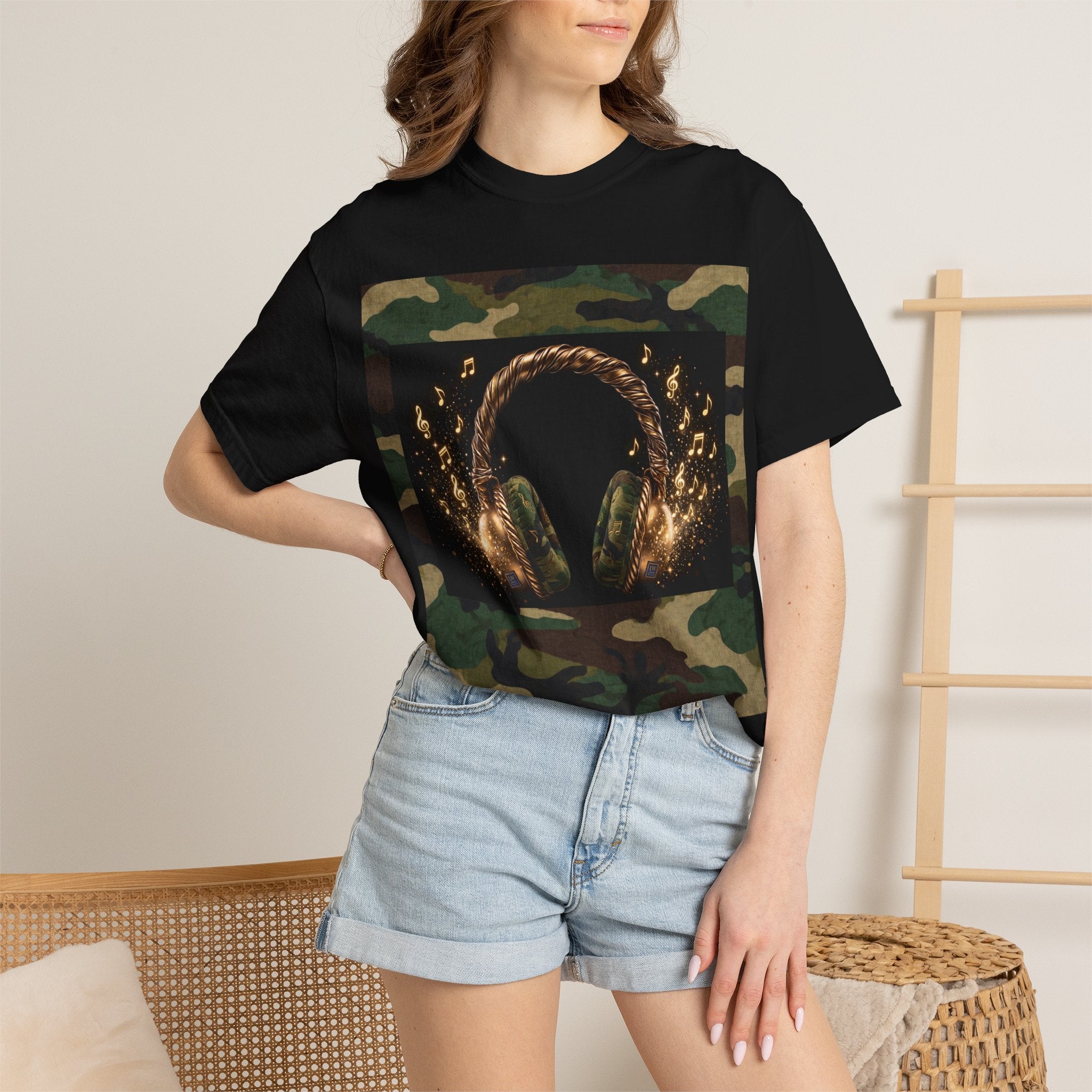 Camo Headphones Tee — Gold Spark DJ Music Graphic T-Shirt - The LW Shop