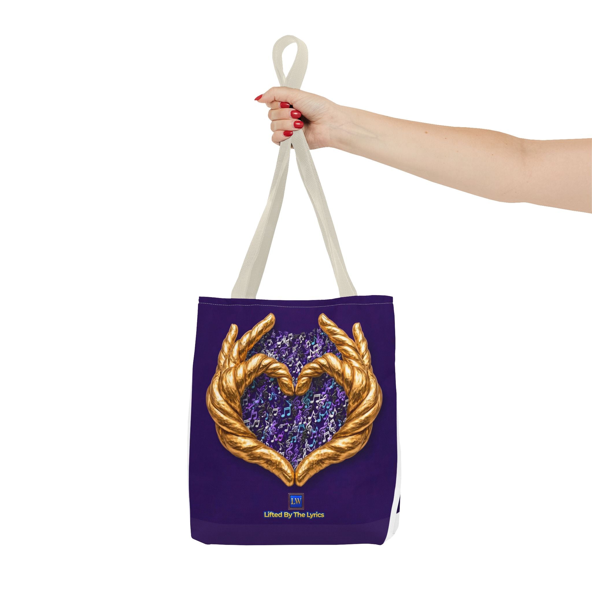 Purple Heart Tote Bag with Gold Hand Heart Design – "Lifted By The Lyrics" Art Tote