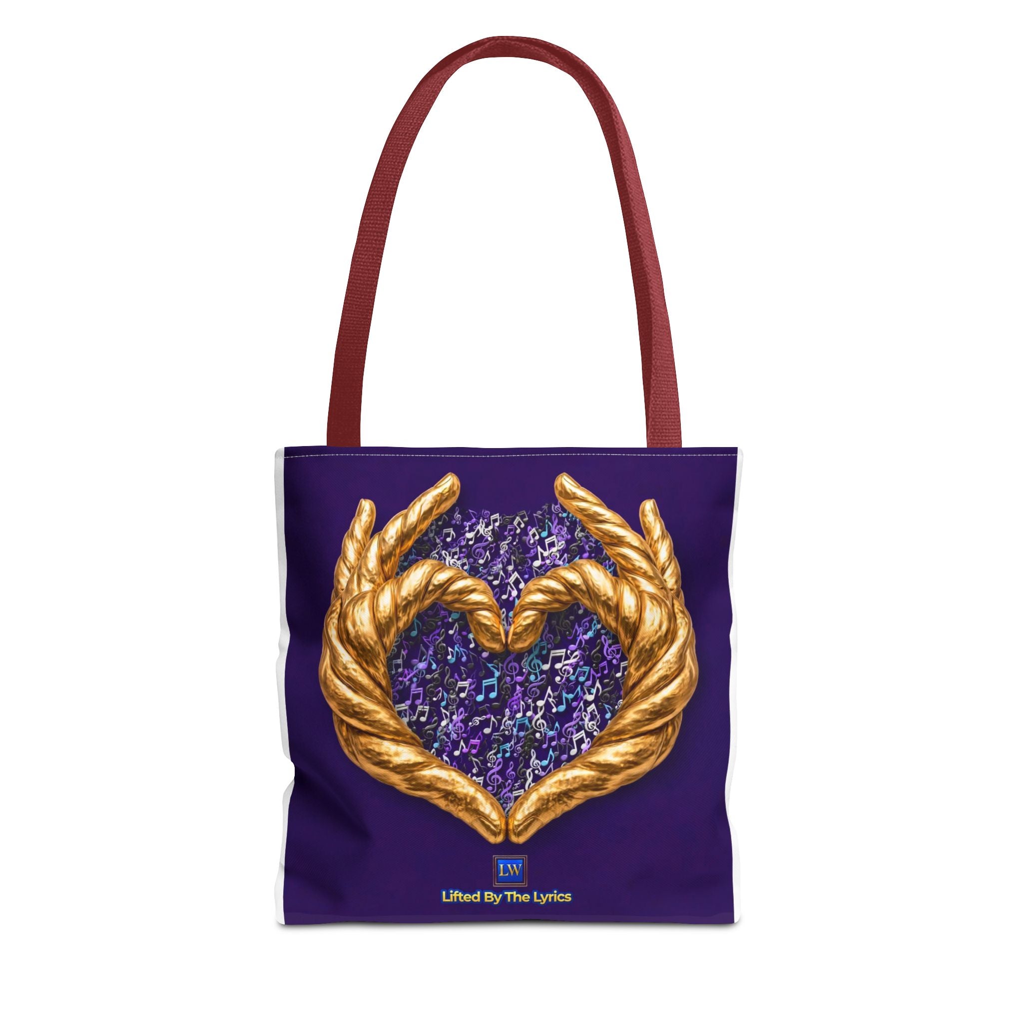 Purple Heart Tote Bag with Gold Hand Heart Design – "Lifted By The Lyrics" Art Tote