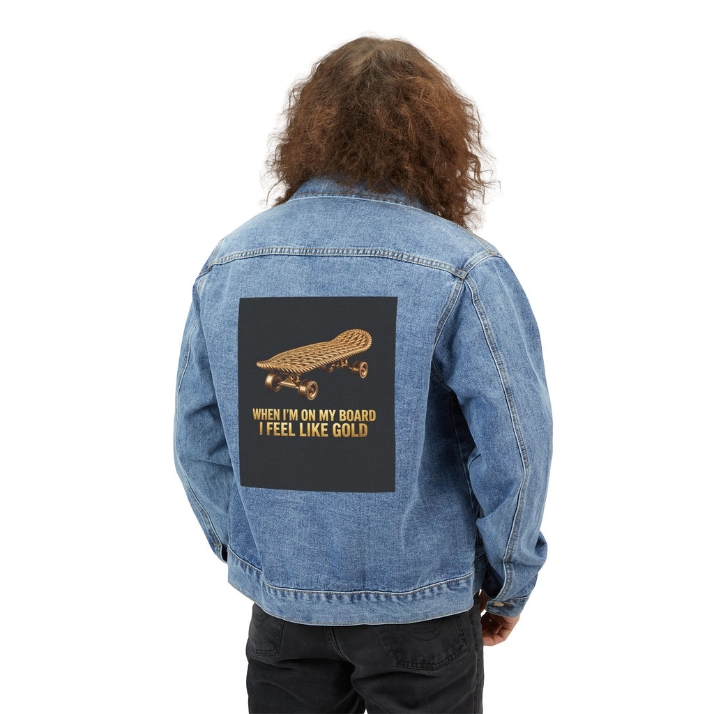 Denim Jacket — Skateboard Gold Back Patch ‘When I’m On My Board I Feel Like Gold’ - The LW Shop