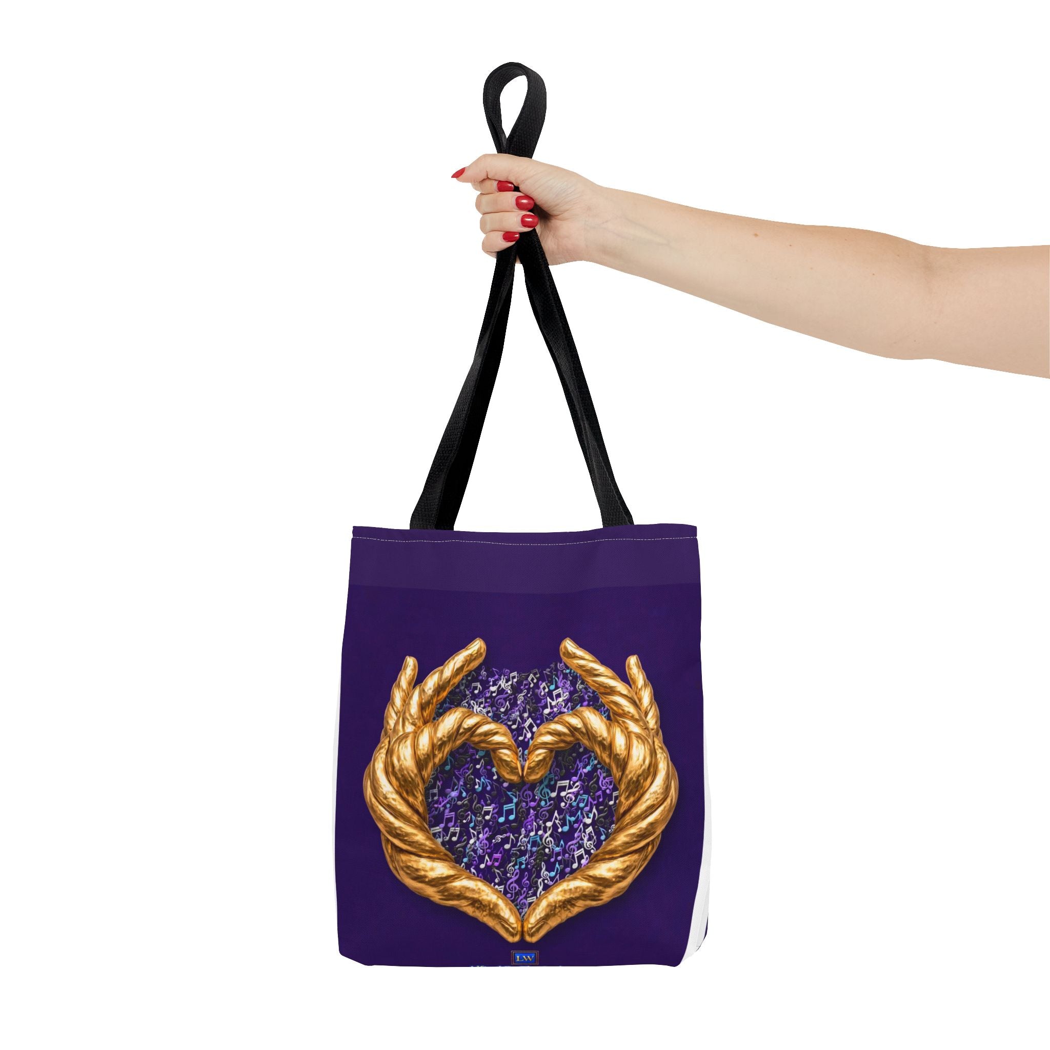 Purple Heart Tote Bag with Gold Hand Heart Design – "Lifted By The Lyrics" Art Tote