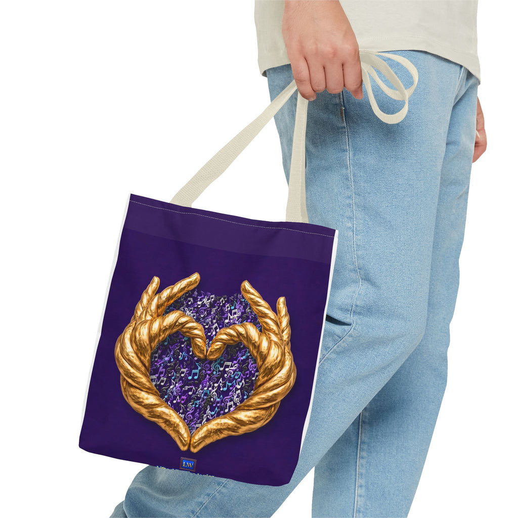 Purple Heart Tote Bag with Gold Hand Heart Design – "Lifted By The Lyrics" Art Tote