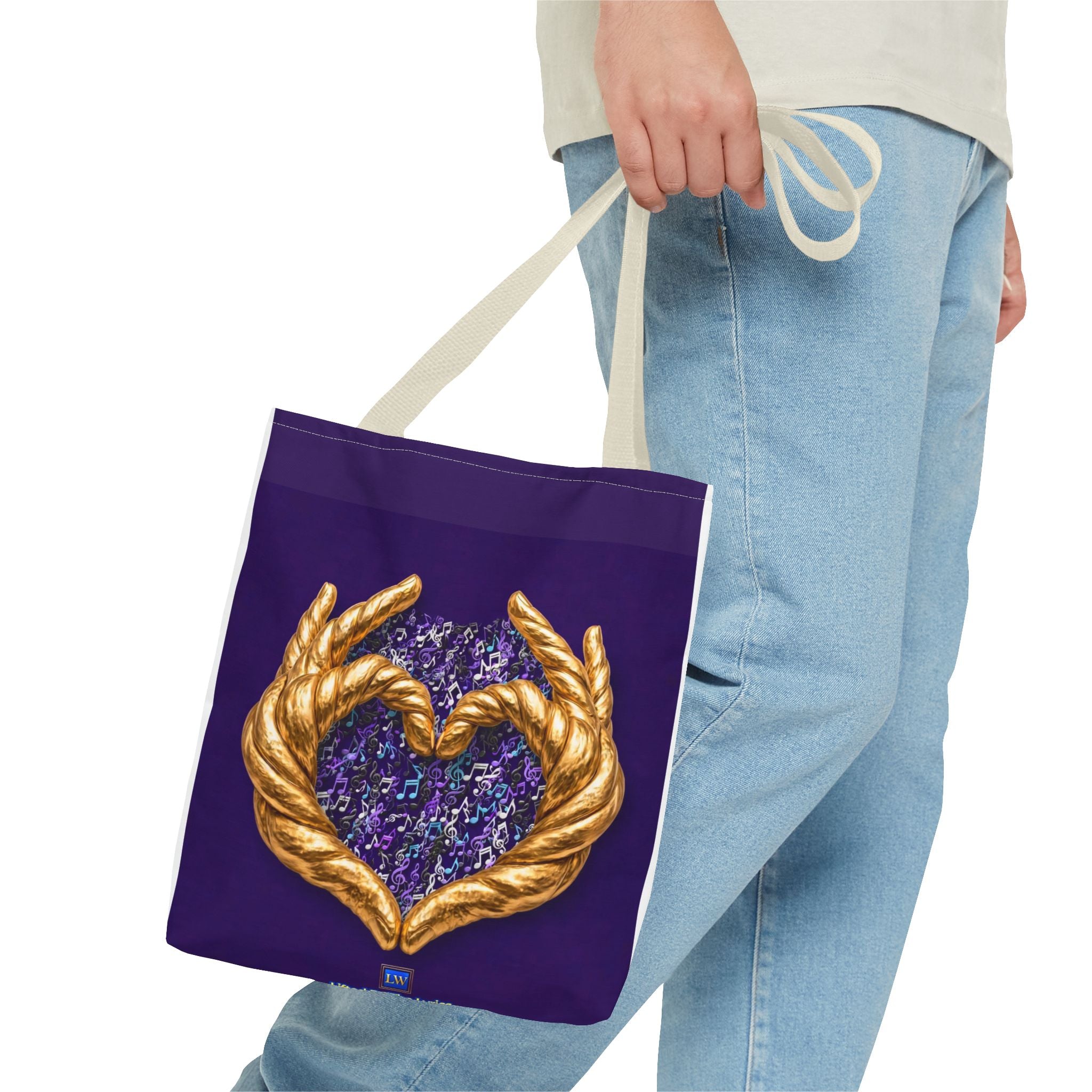 Purple Heart Tote Bag with Gold Hand Heart Design – "Lifted By The Lyrics" Art Tote