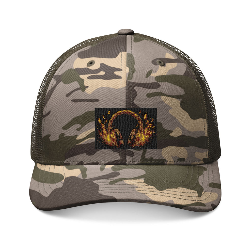 Camo Trucker Hat — Embroidered Flaming Headphones Patch - The LW Shop