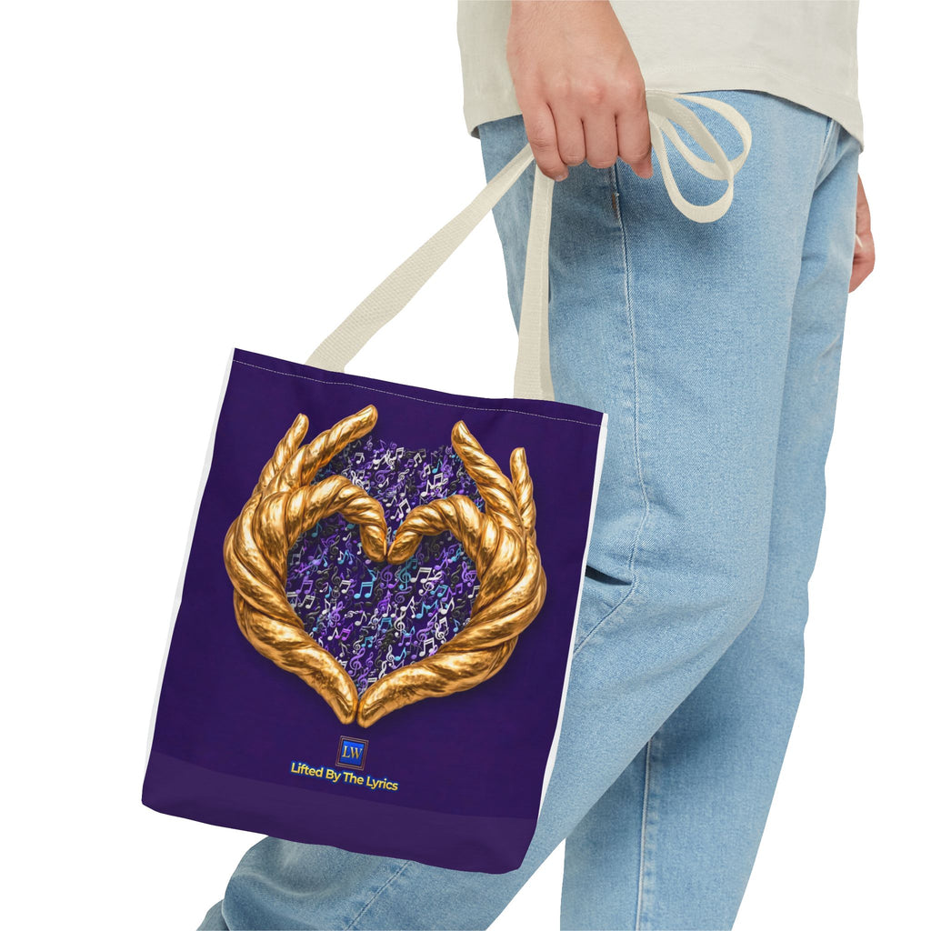 Purple Heart Tote Bag with Gold Hand Heart Design – "Lifted By The Lyrics" Art Tote