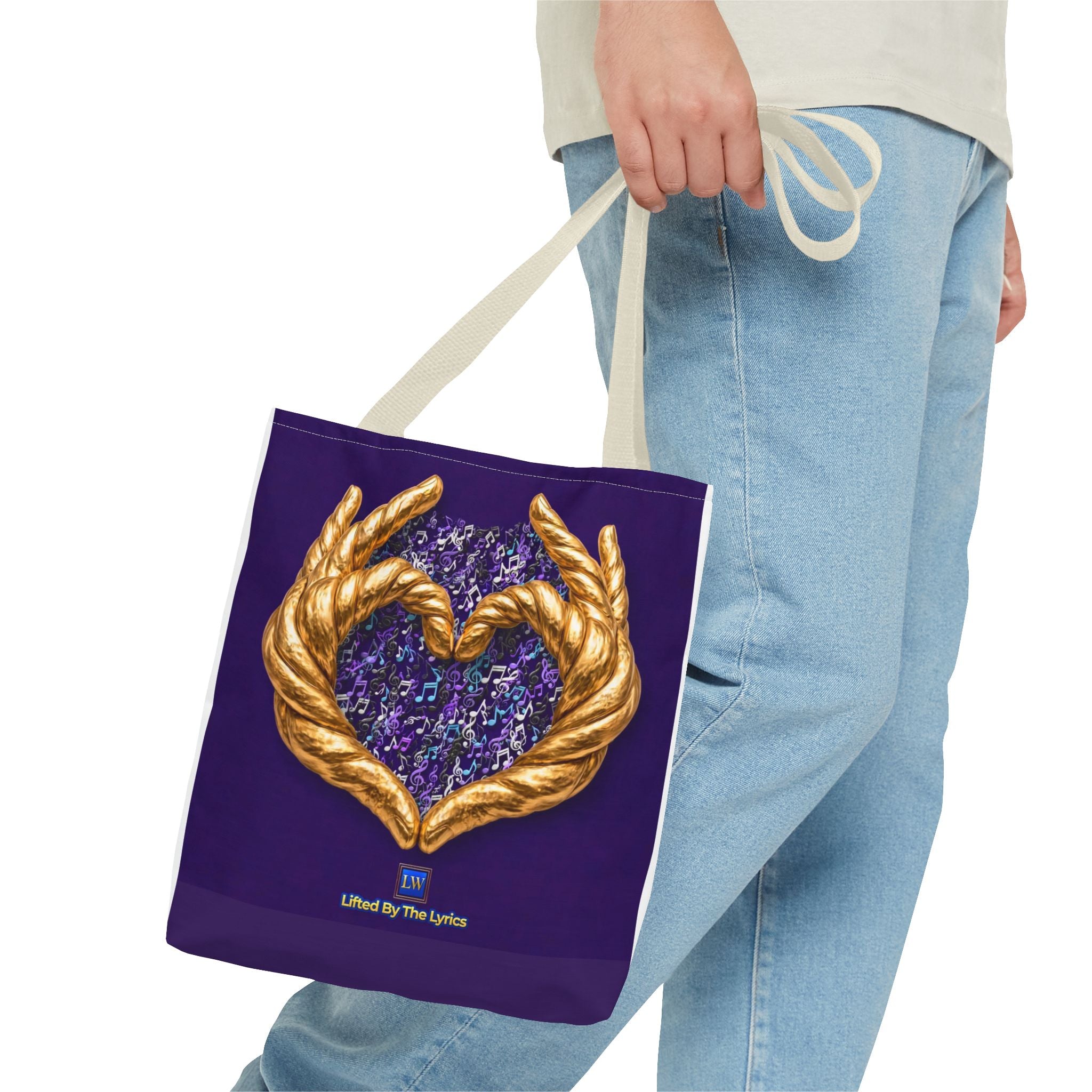 Purple Heart Tote Bag with Gold Hand Heart Design – "Lifted By The Lyrics" Art Tote