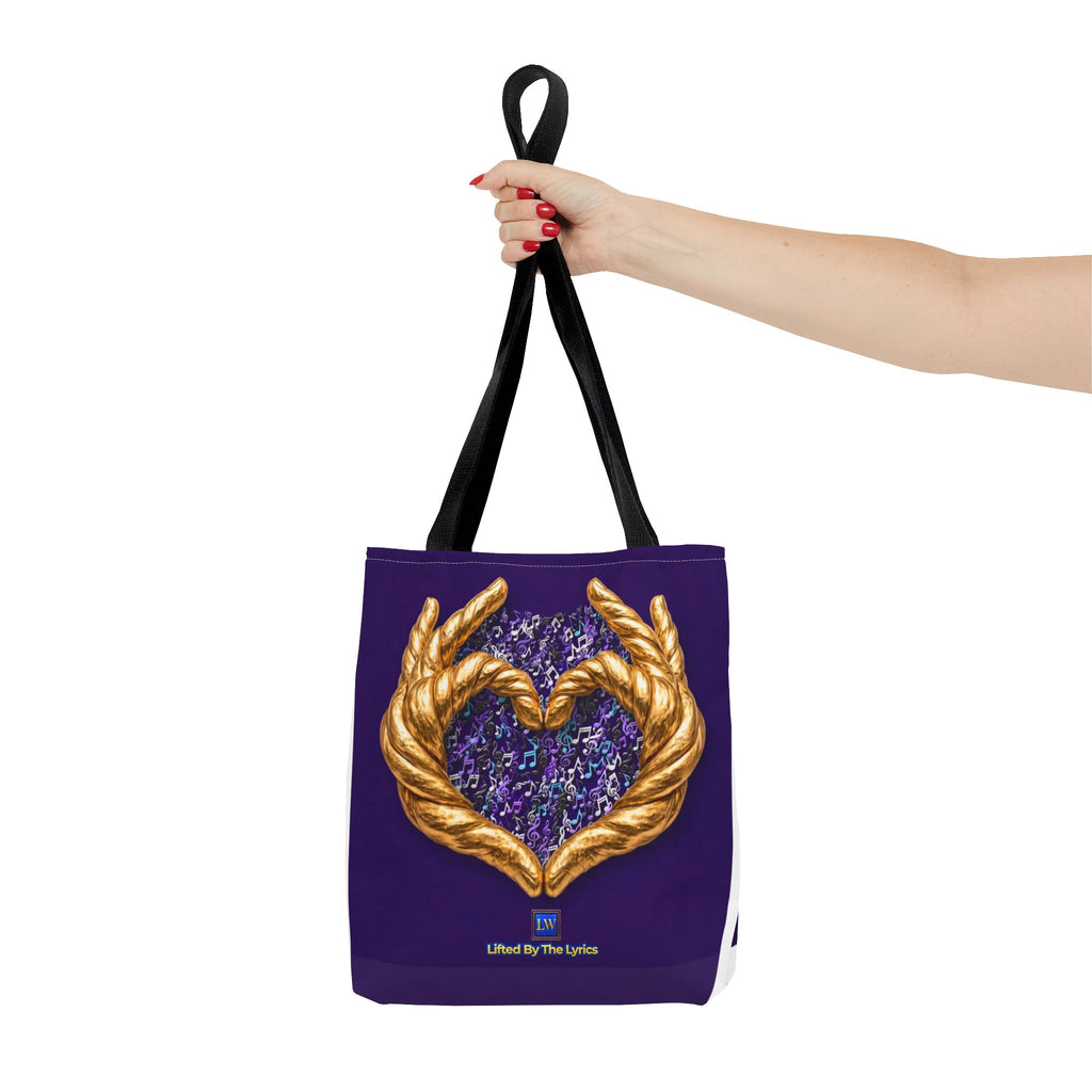 Purple Heart Tote Bag with Gold Hand Heart Design – "Lifted By The Lyrics" Art Tote