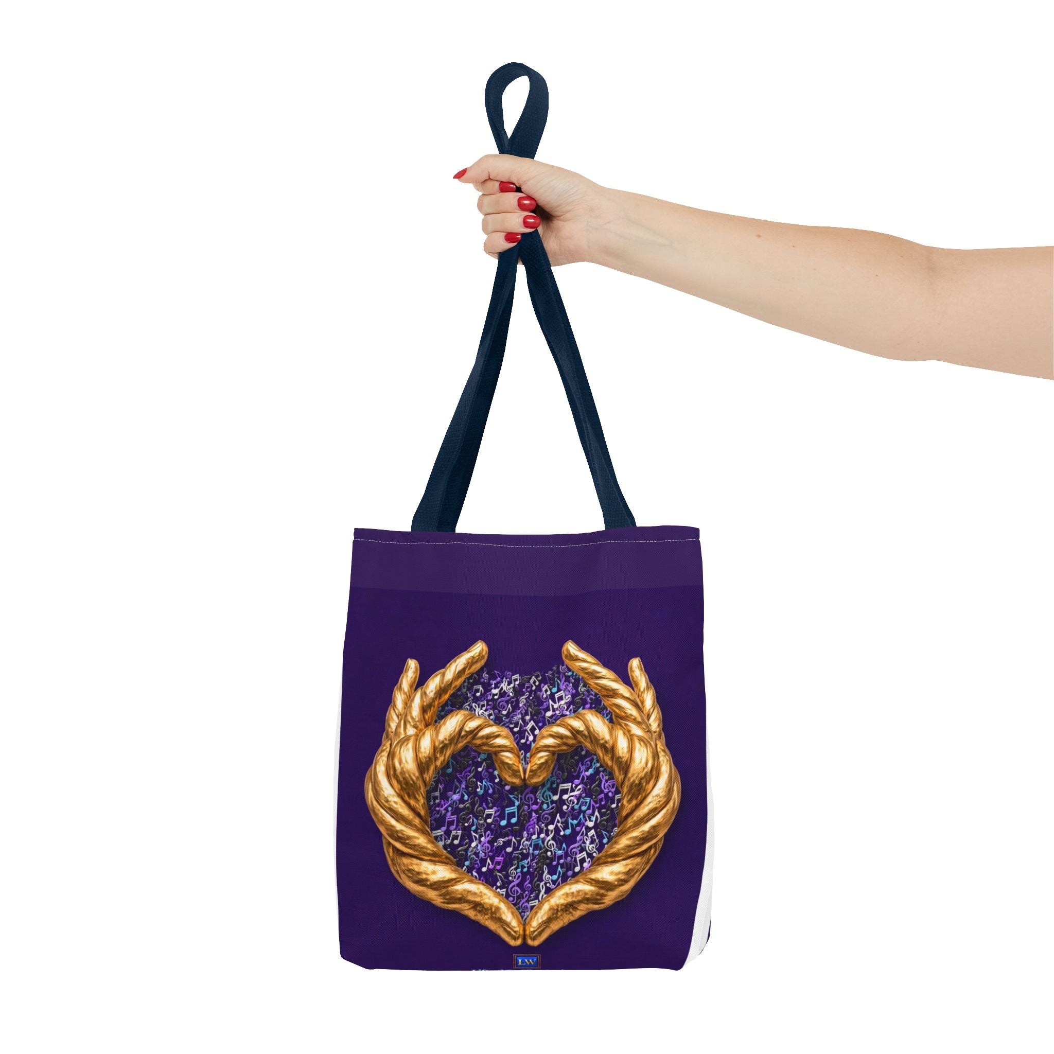 Purple Heart Tote Bag with Gold Hand Heart Design – "Lifted By The Lyrics" Art Tote