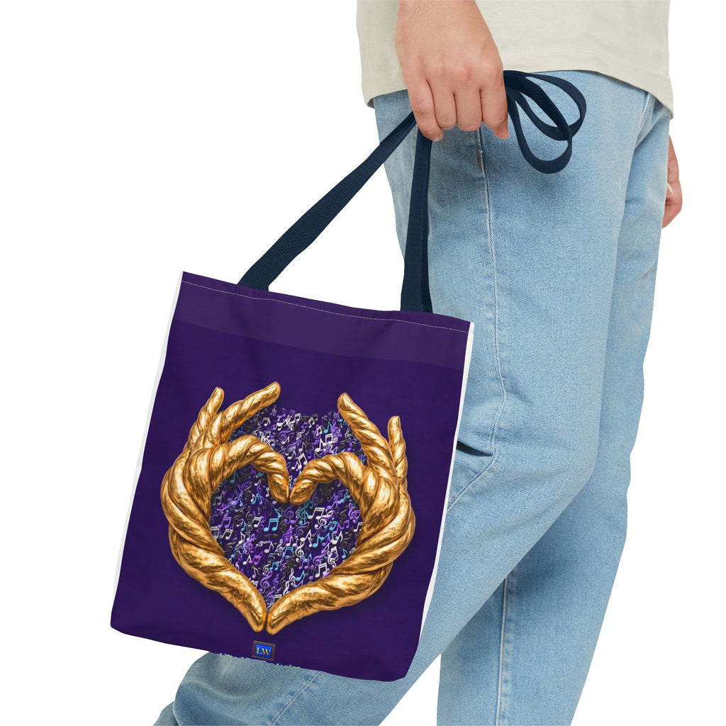 Purple Heart Tote Bag with Gold Hand Heart Design – "Lifted By The Lyrics" Art Tote