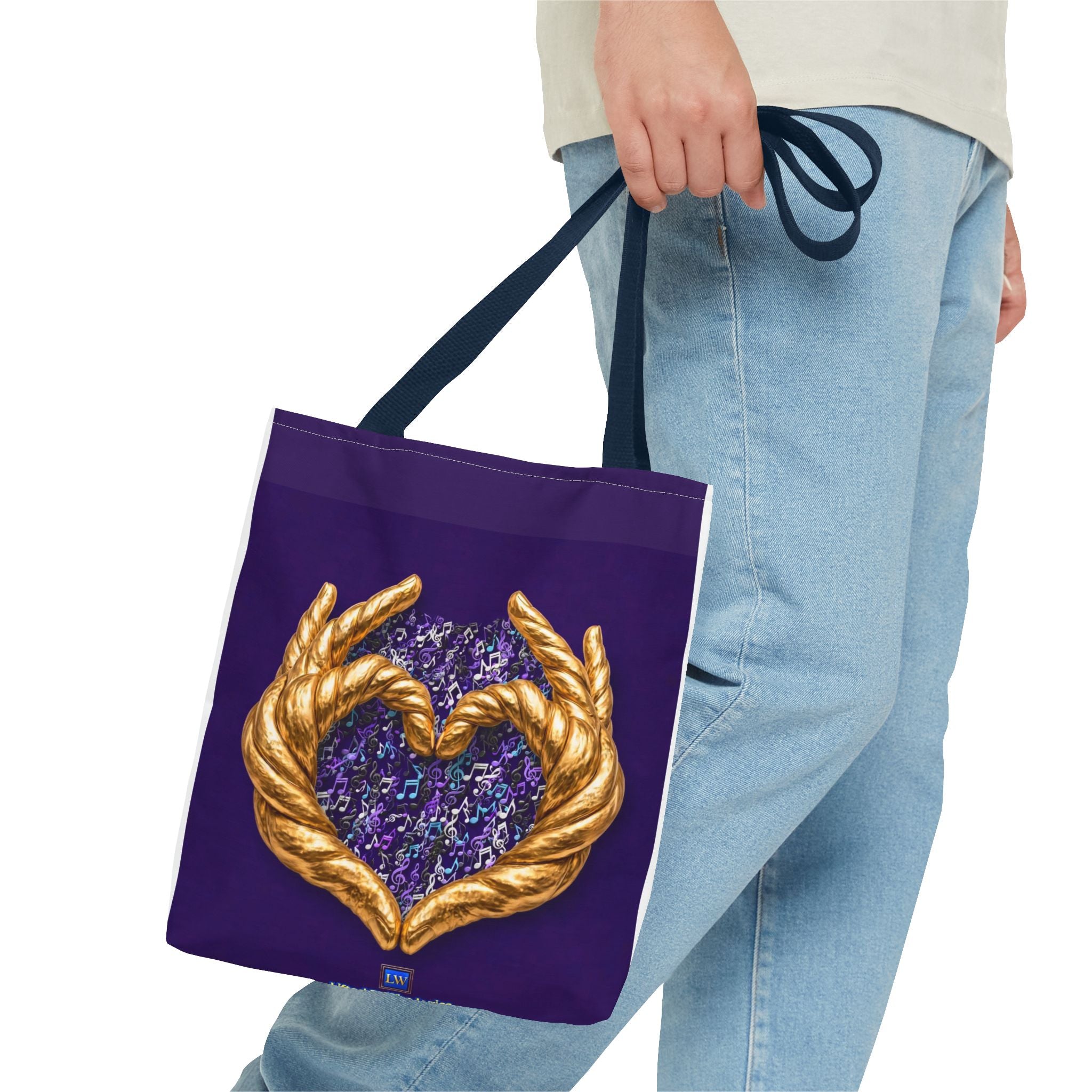 Purple Heart Tote Bag with Gold Hand Heart Design – "Lifted By The Lyrics" Art Tote