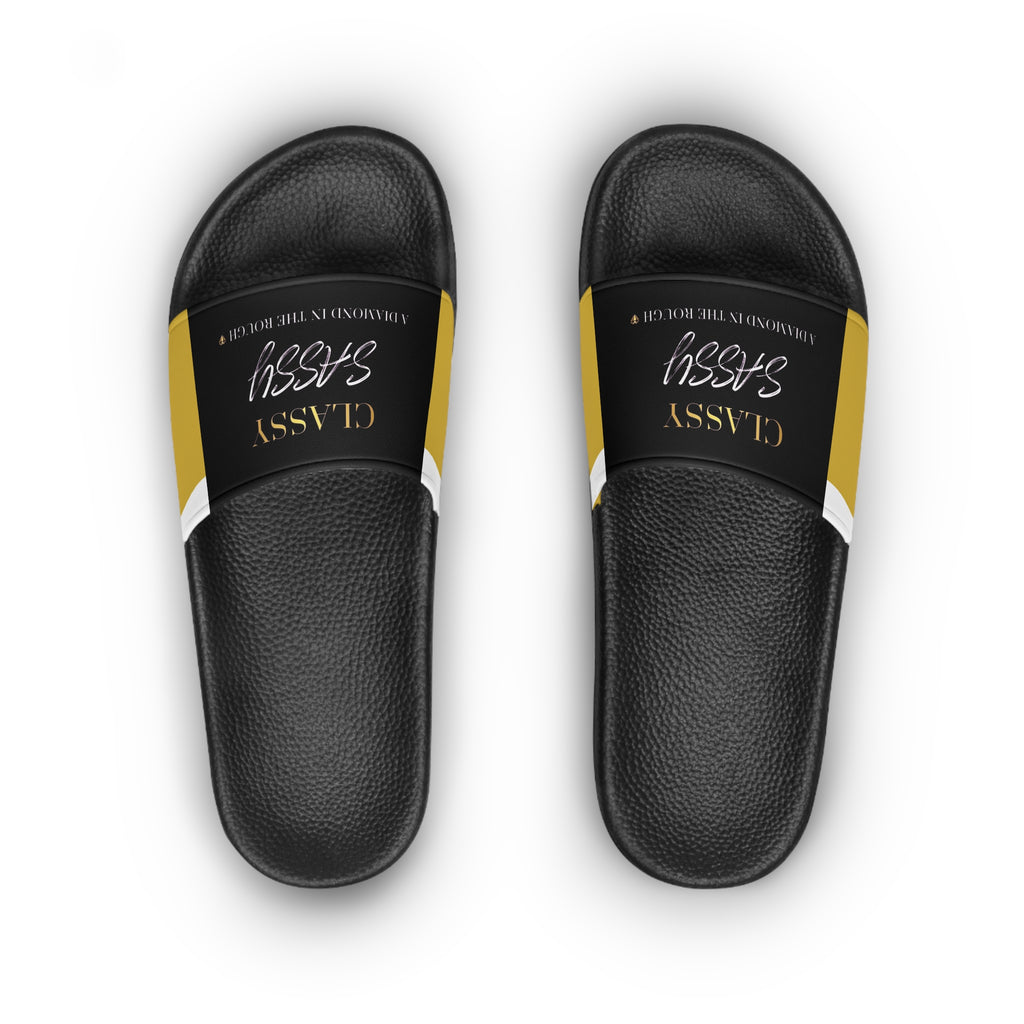 Classy Sassy Women’s Slide Sandals — Black and Gold Casual Pool Slides - The LW Shop