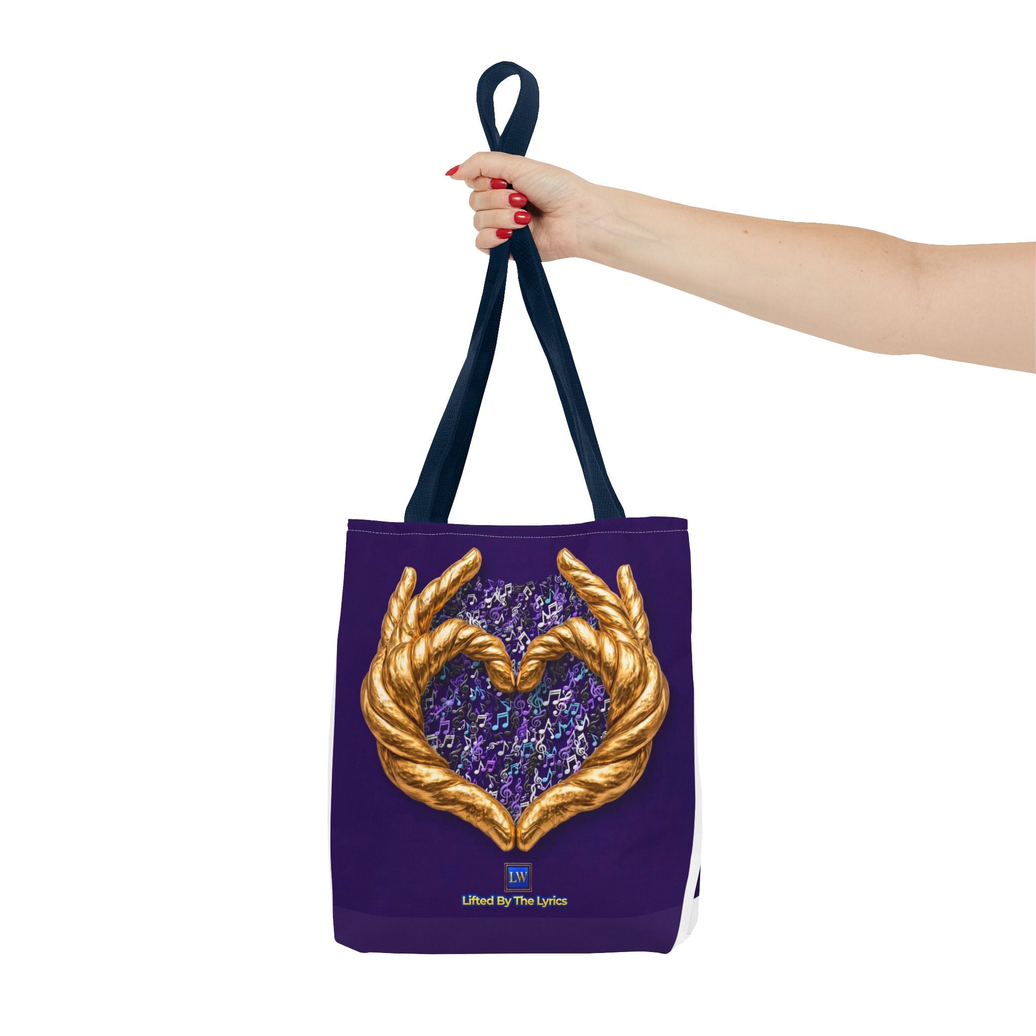 Purple Heart Tote Bag with Gold Hand Heart Design – "Lifted By The Lyrics" Art Tote