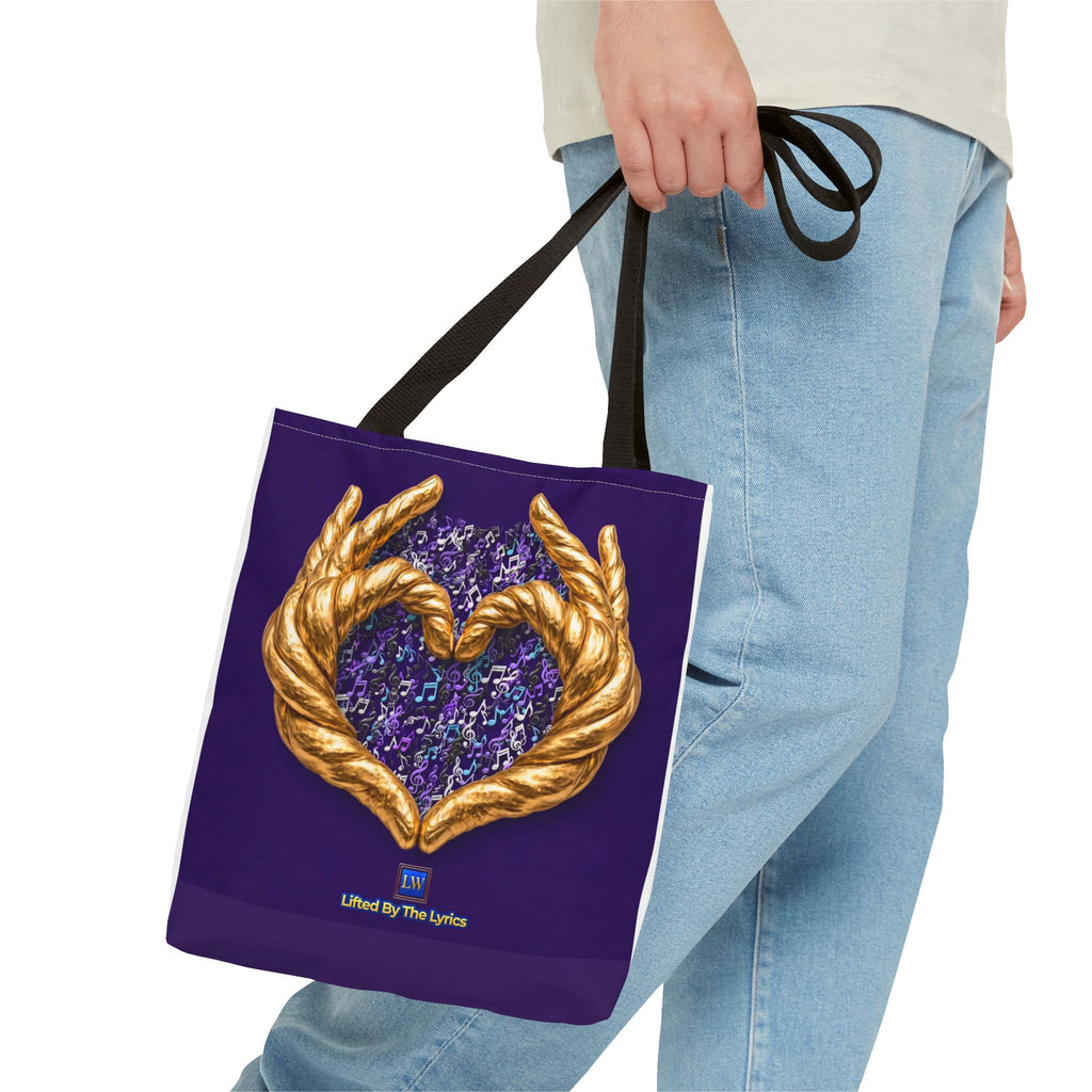Purple Heart Tote Bag with Gold Hand Heart Design – "Lifted By The Lyrics" Art Tote