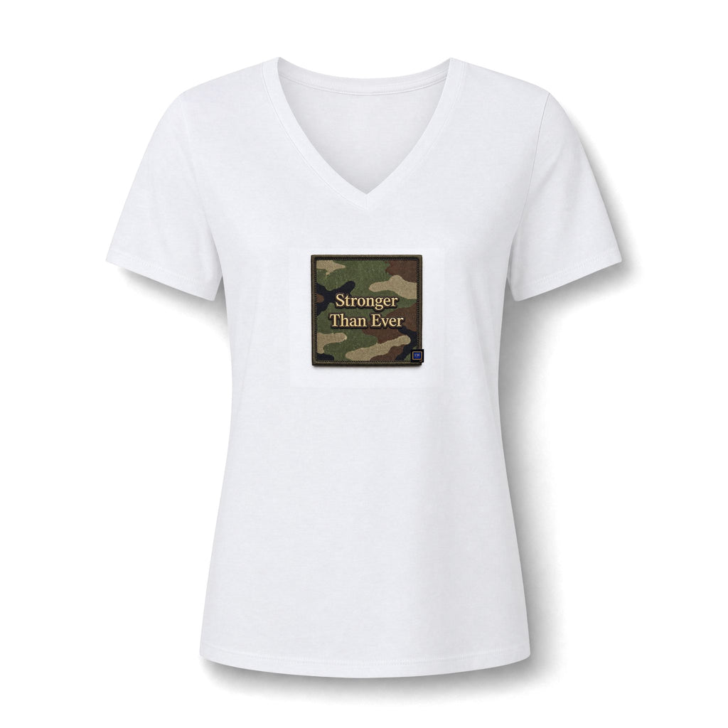 Women's V-Neck Tee — 'Stronger Than Ever' Camo Patch Graphic - The LW Shop