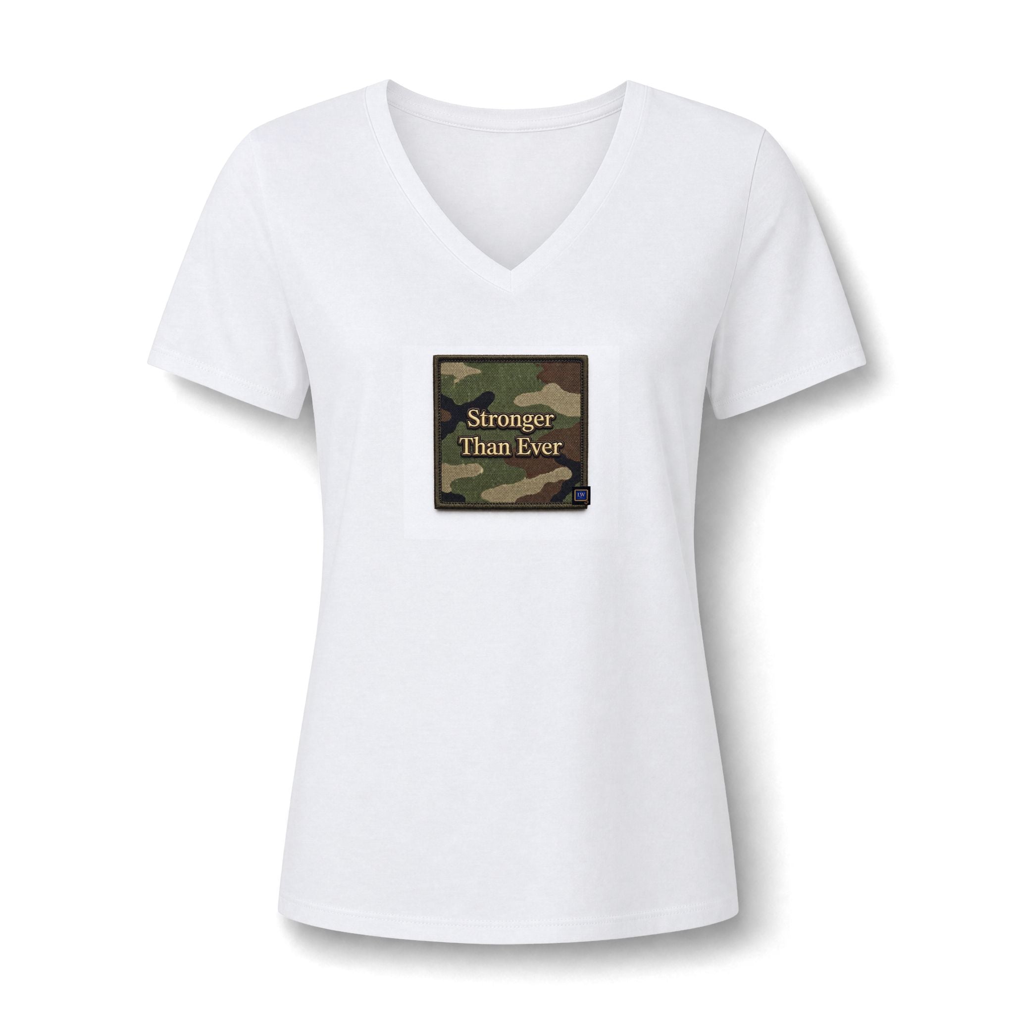Women's V-Neck Tee — 'Stronger Than Ever' Camo Patch Graphic - The LW Shop