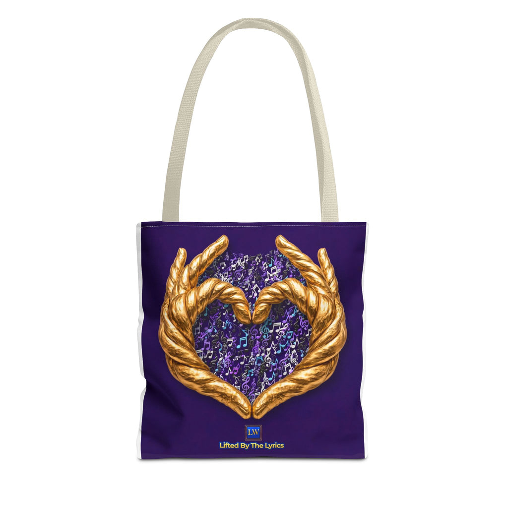 Purple Heart Tote Bag with Gold Hand Heart Design – "Lifted By The Lyrics" Art Tote