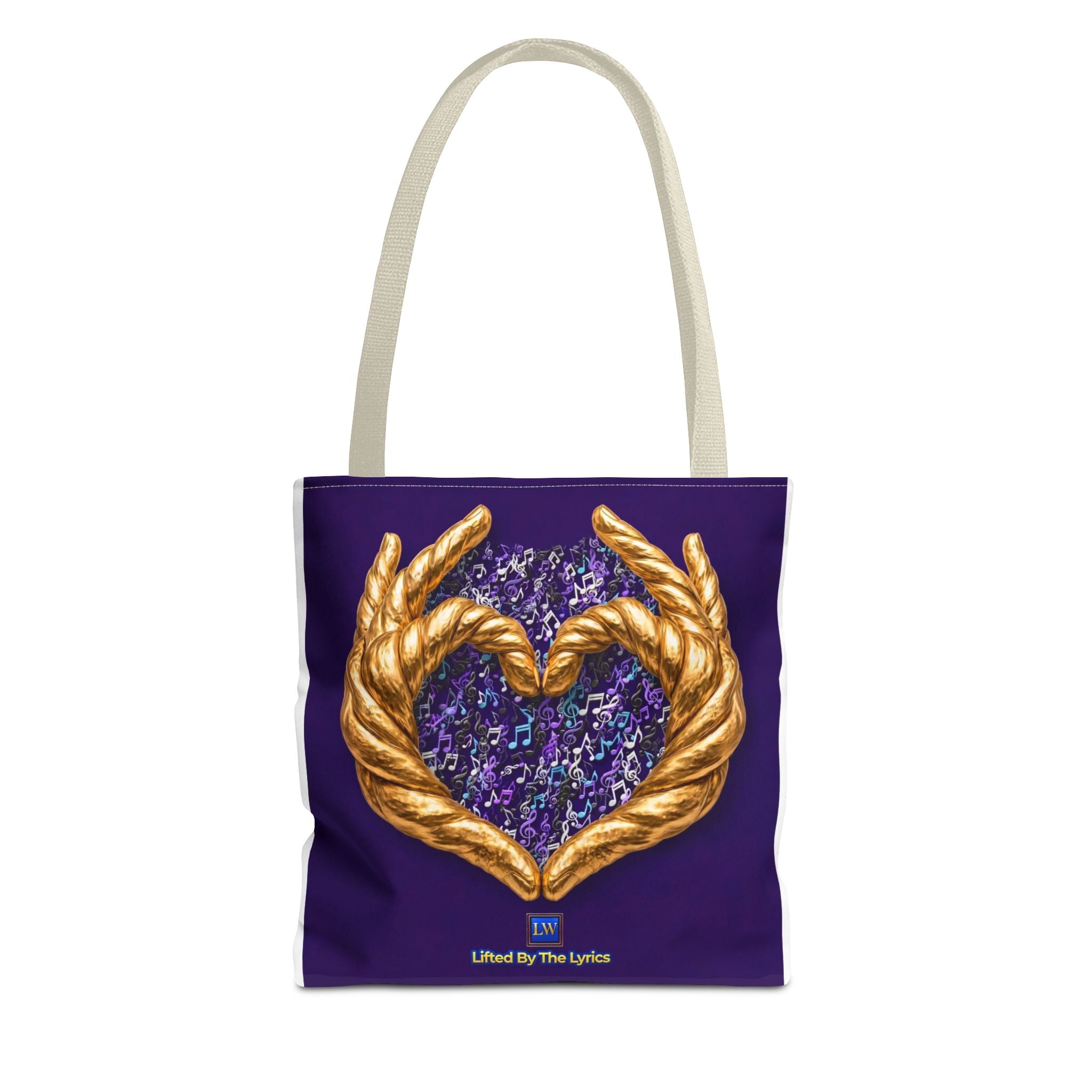 Purple Heart Tote Bag with Gold Hand Heart Design – "Lifted By The Lyrics" Art Tote