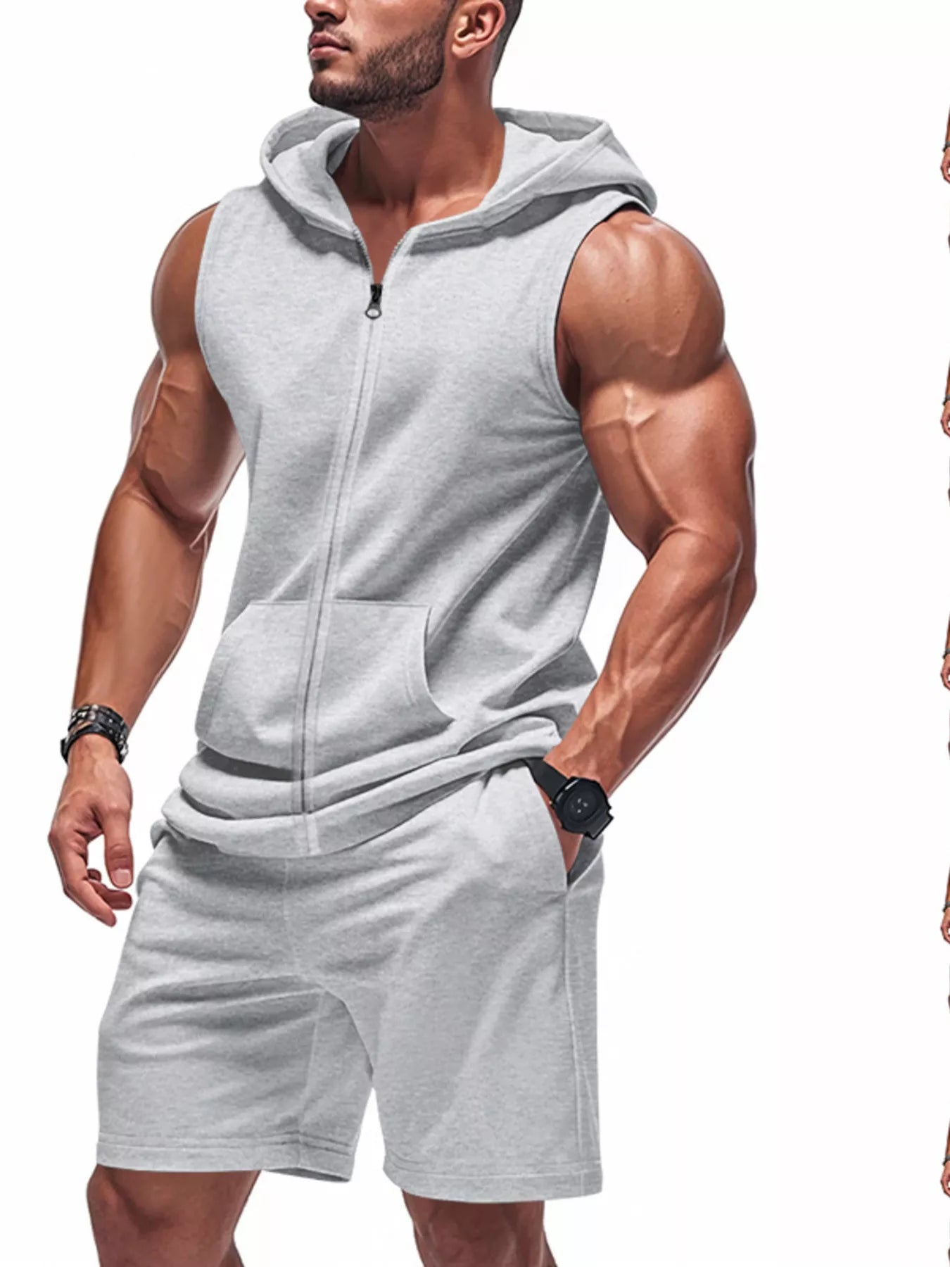 Men's Full Size Zip Up Sleeveless Hoodie & Shorts Set Plus Size