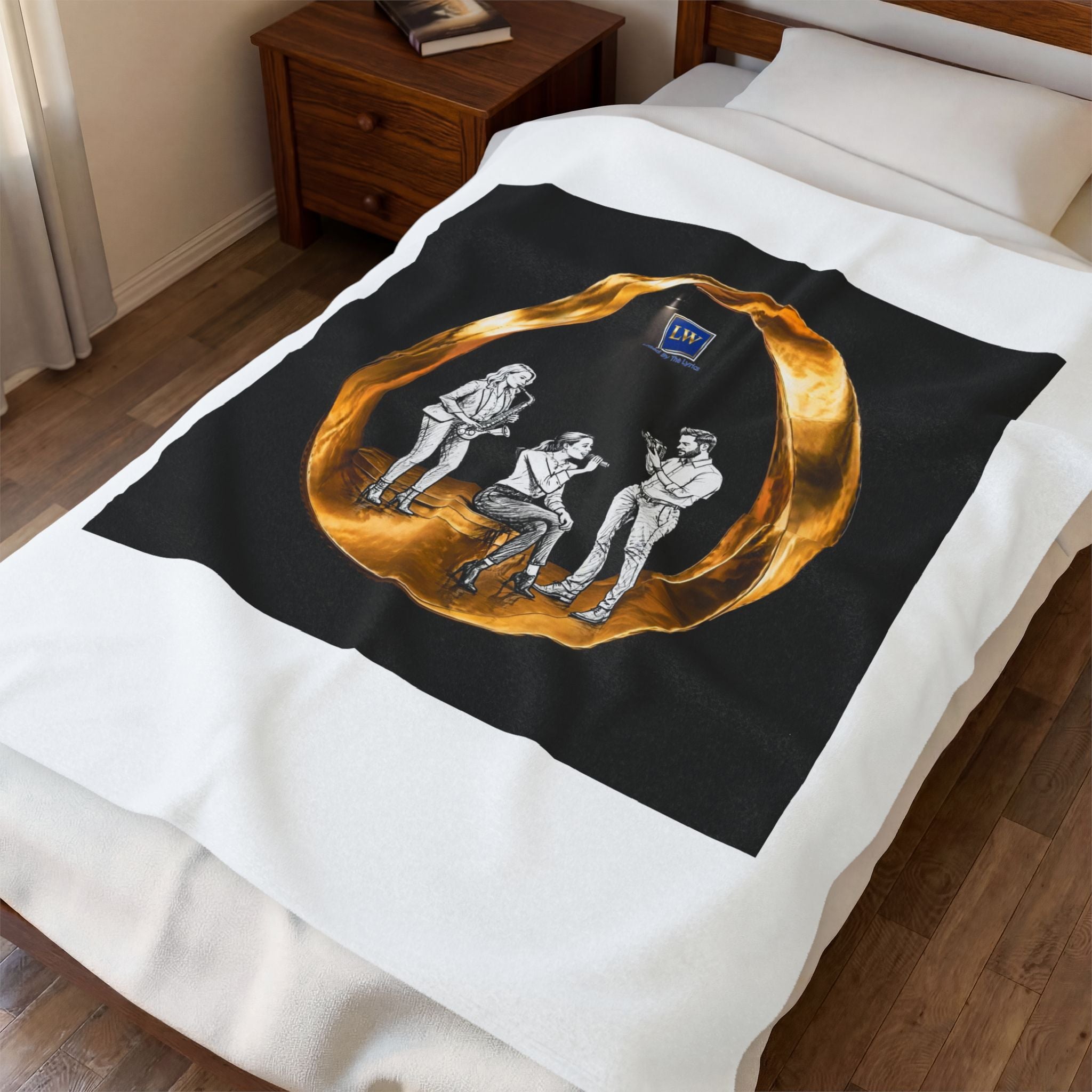 Velveteen Plush Blanket — Cozy Gold Ring Illustration with Friends Scene