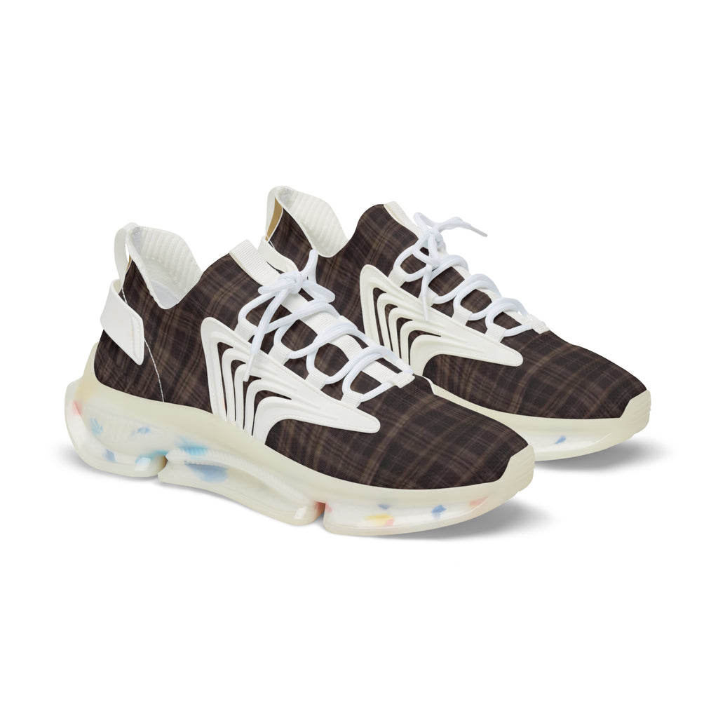 Red Plaid Men’s Mesh Sneakers — Casual Athletic Shoes with Brown Check Pattern