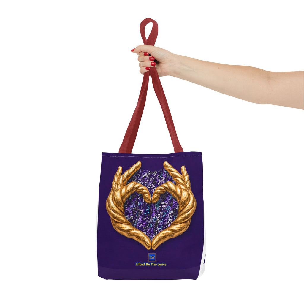 Purple Heart Tote Bag with Gold Hand Heart Design – "Lifted By The Lyrics" Art Tote