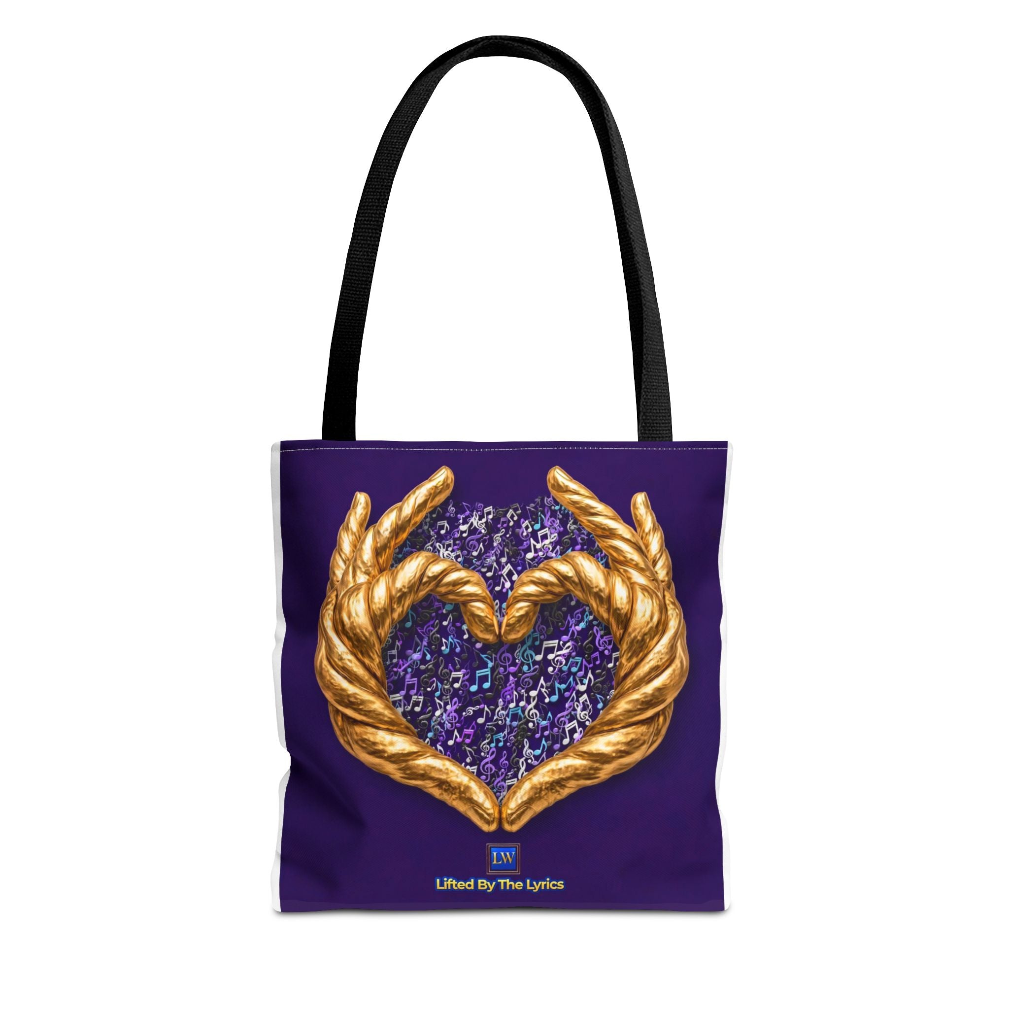 Purple Heart Tote Bag with Gold Hand Heart Design – "Lifted By The Lyrics" Art Tote