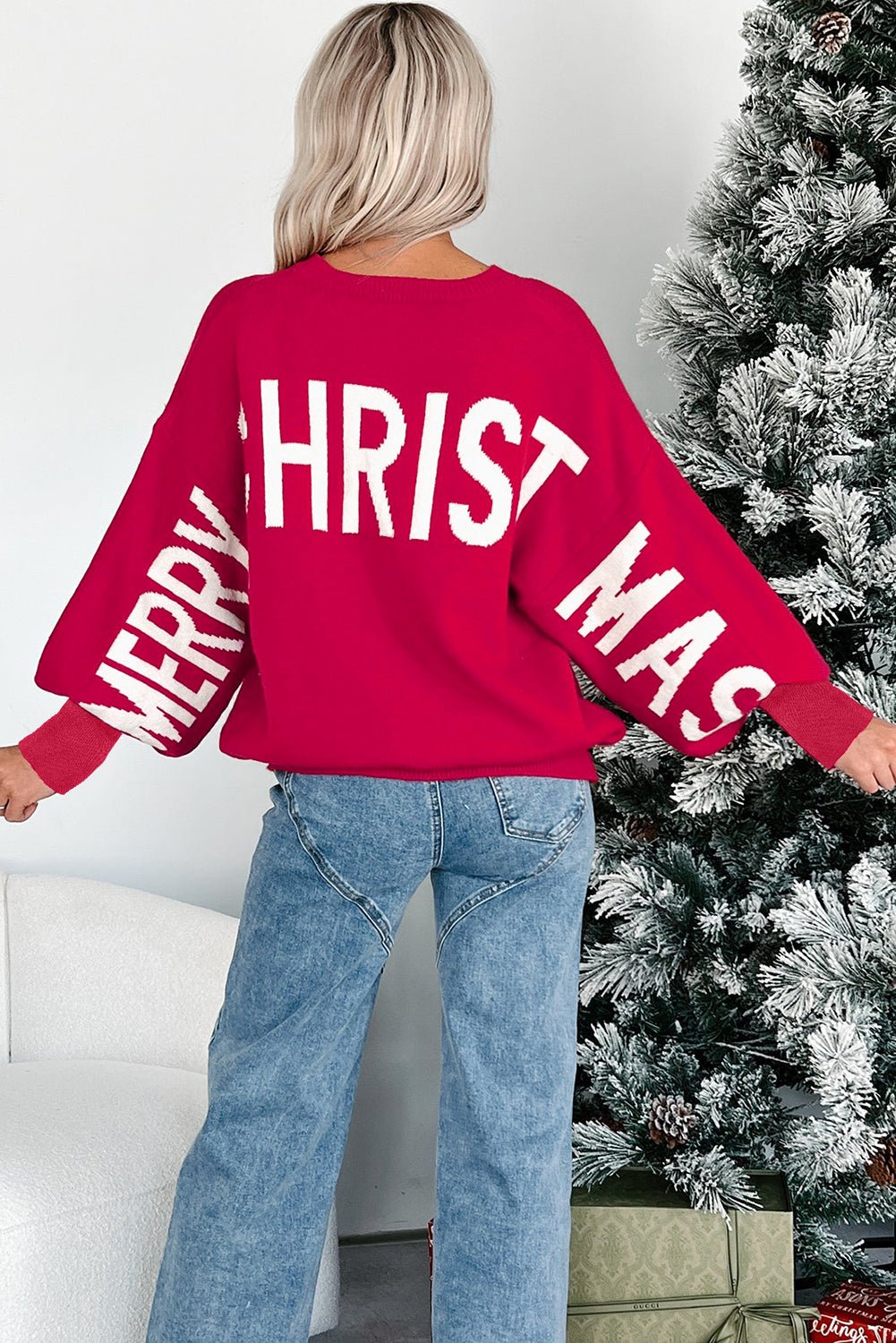 Fiery Red HO HO HO MERRY CHRISTMAS Drop Shoulder Loose Sweater - The LW Shop