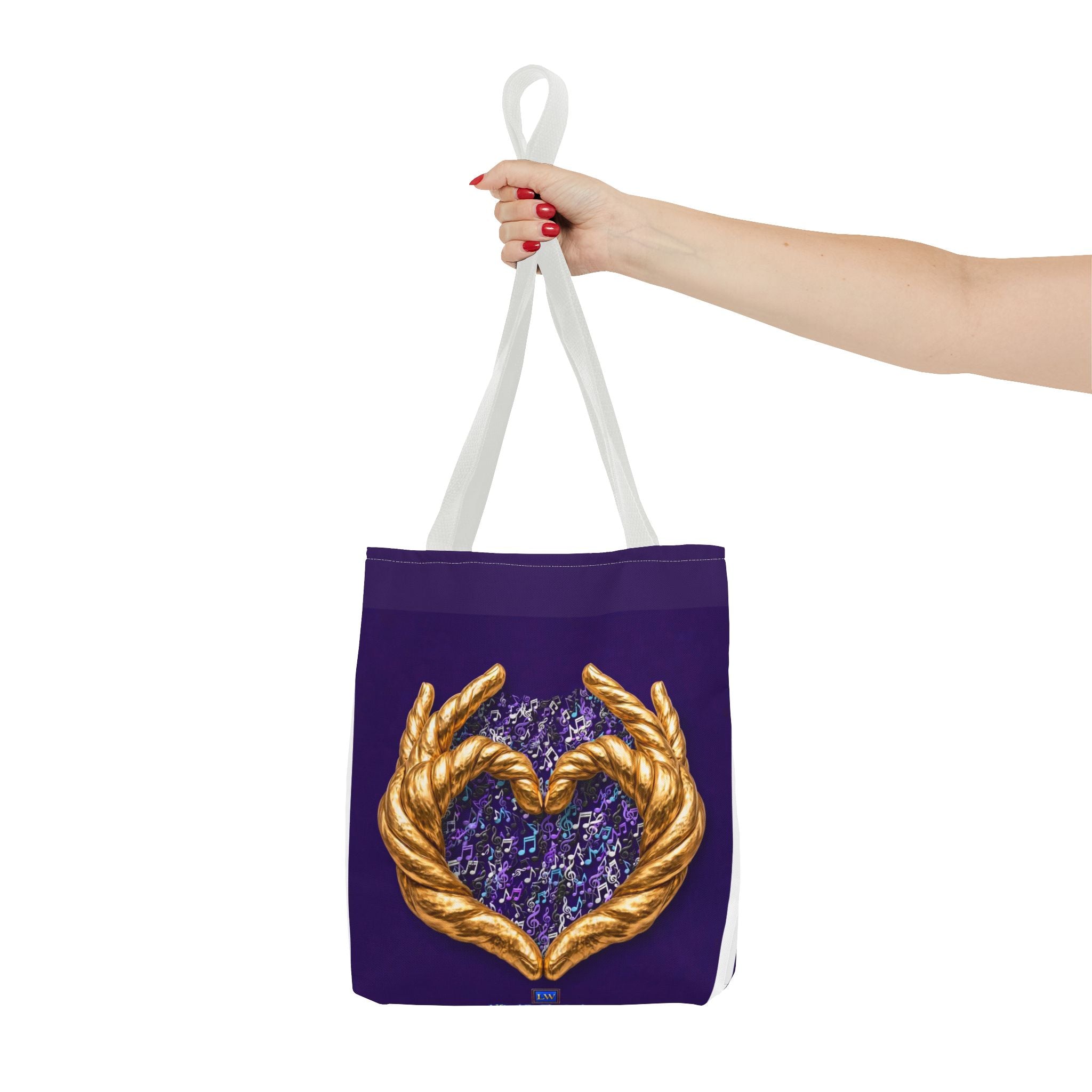 Purple Heart Tote Bag with Gold Hand Heart Design – "Lifted By The Lyrics" Art Tote
