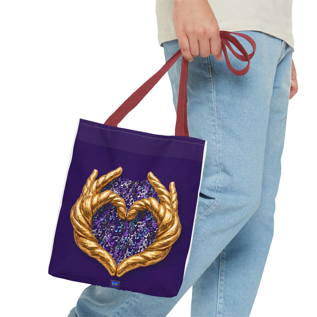Purple Heart Tote Bag with Gold Hand Heart Design – "Lifted By The Lyrics" Art Tote