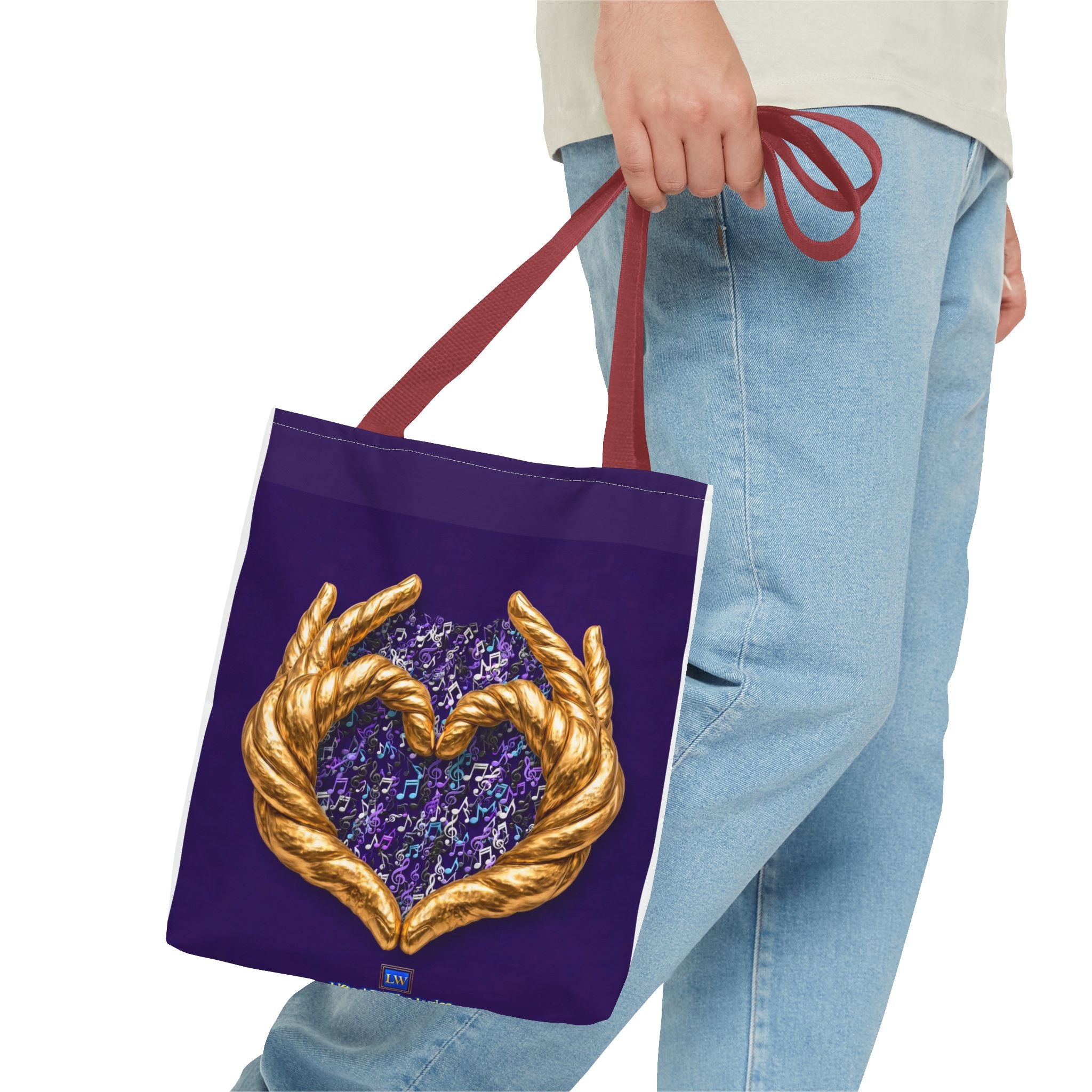 Purple Heart Tote Bag with Gold Hand Heart Design – "Lifted By The Lyrics" Art Tote