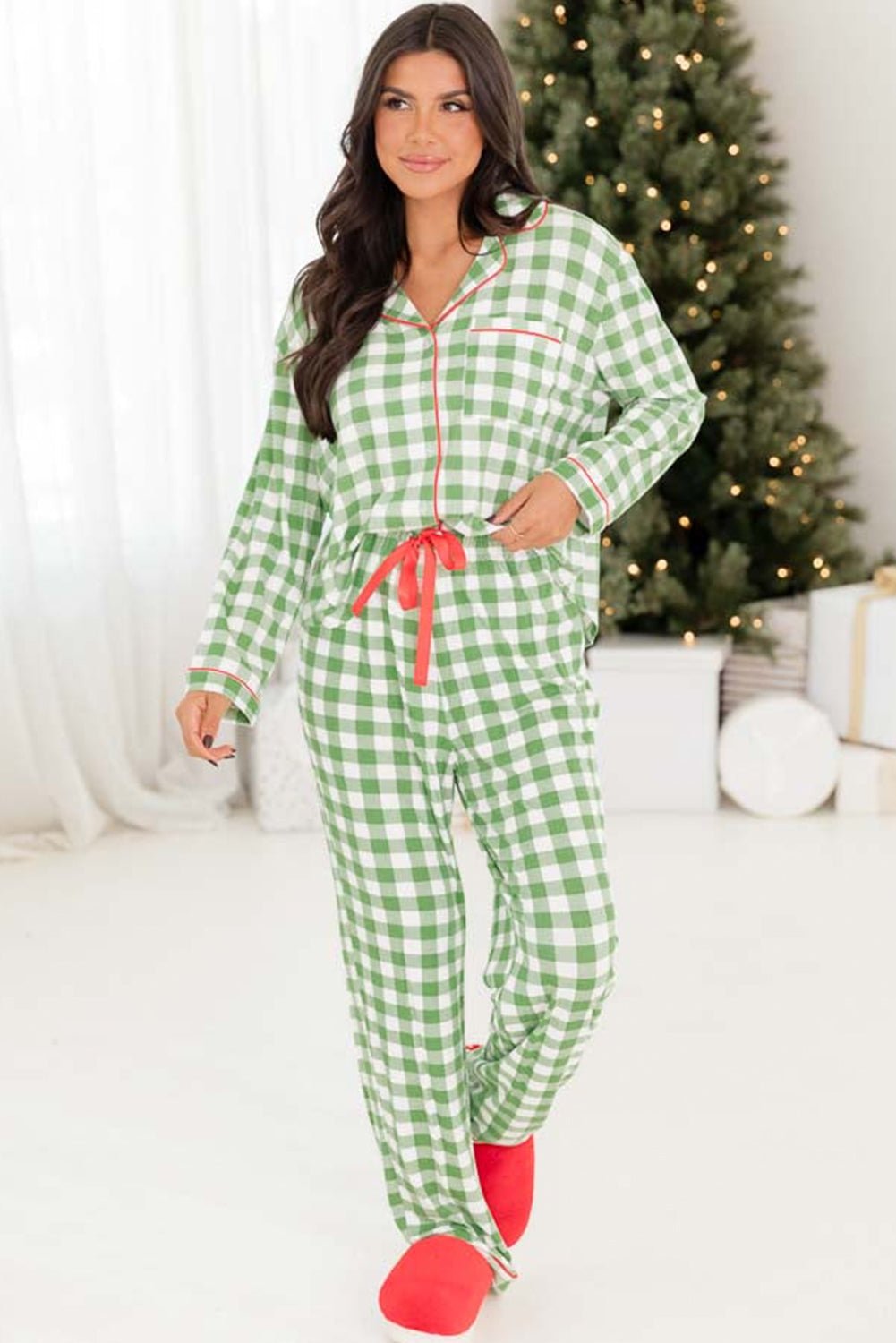 Light Green Christmas Plaid Print Shirt and Pants Pajama Set - The LW Shop