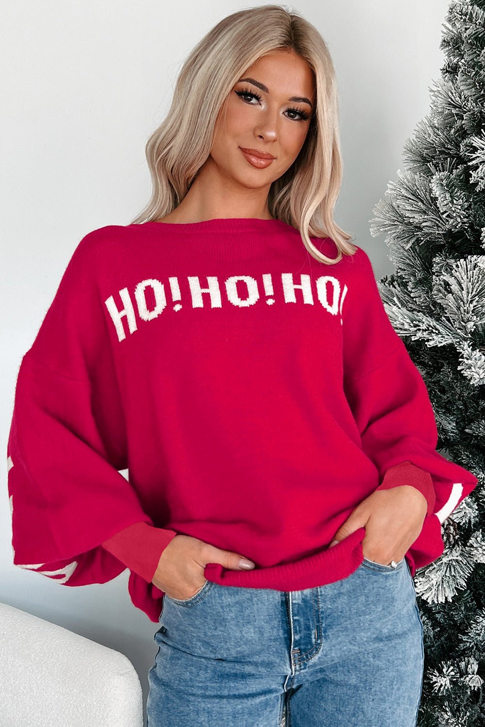 Fiery Red HO HO HO MERRY CHRISTMAS Drop Shoulder Loose Sweater - The LW Shop
