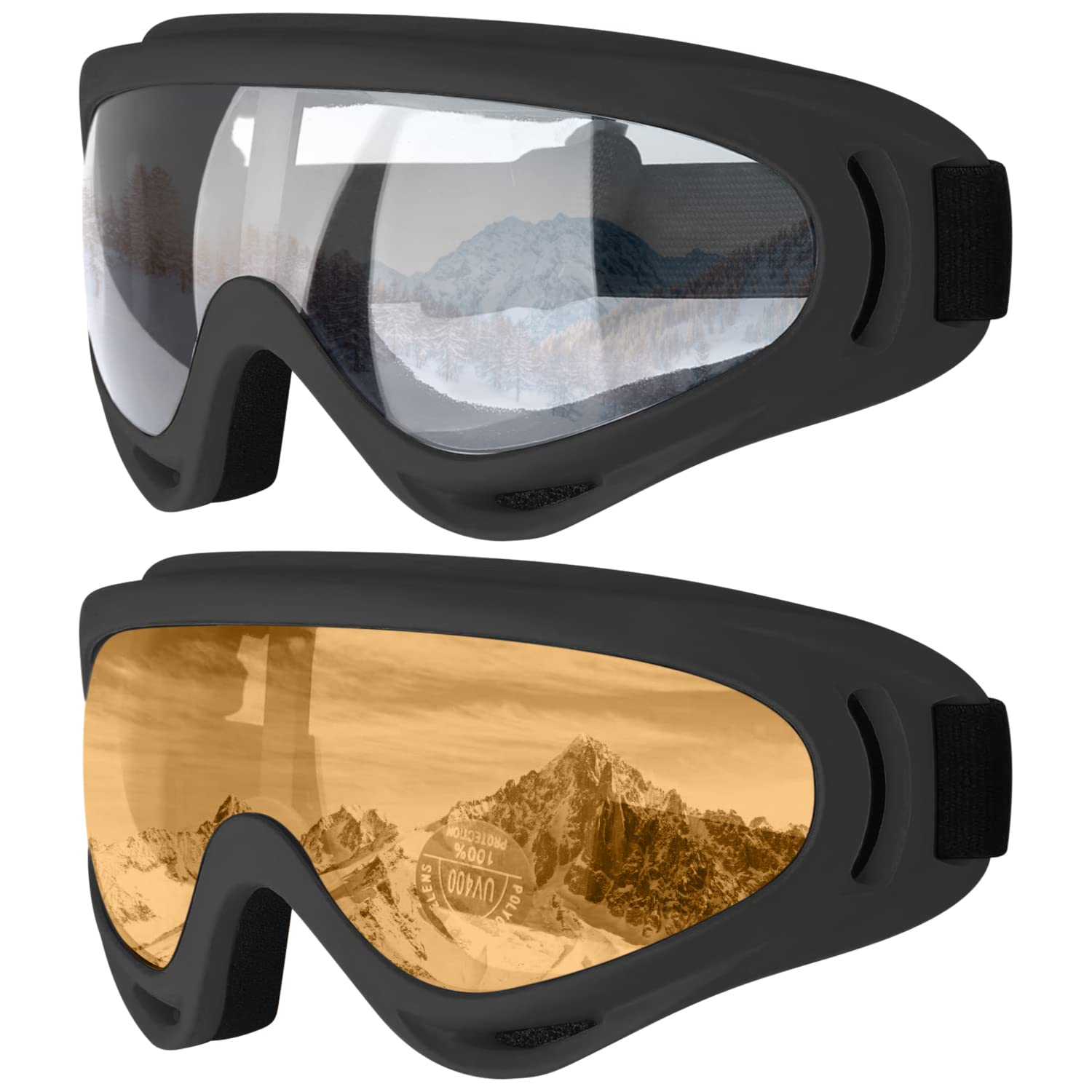 COOLOO Gafas de esquí, paquete de 2 gafas de nieve para snowboard para hombres, mujeres y niños - Protección UV, espuma, antiarañazos, a prueba de polvo