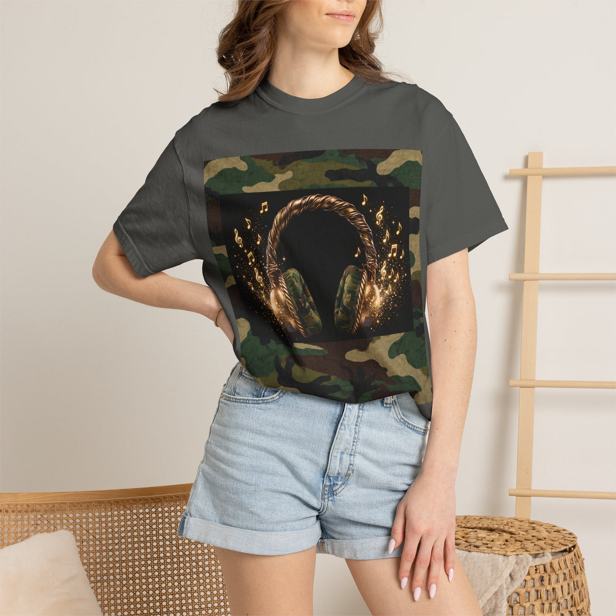 Camo Headphones Tee — Gold Spark DJ Music Graphic T-Shirt - The LW Shop