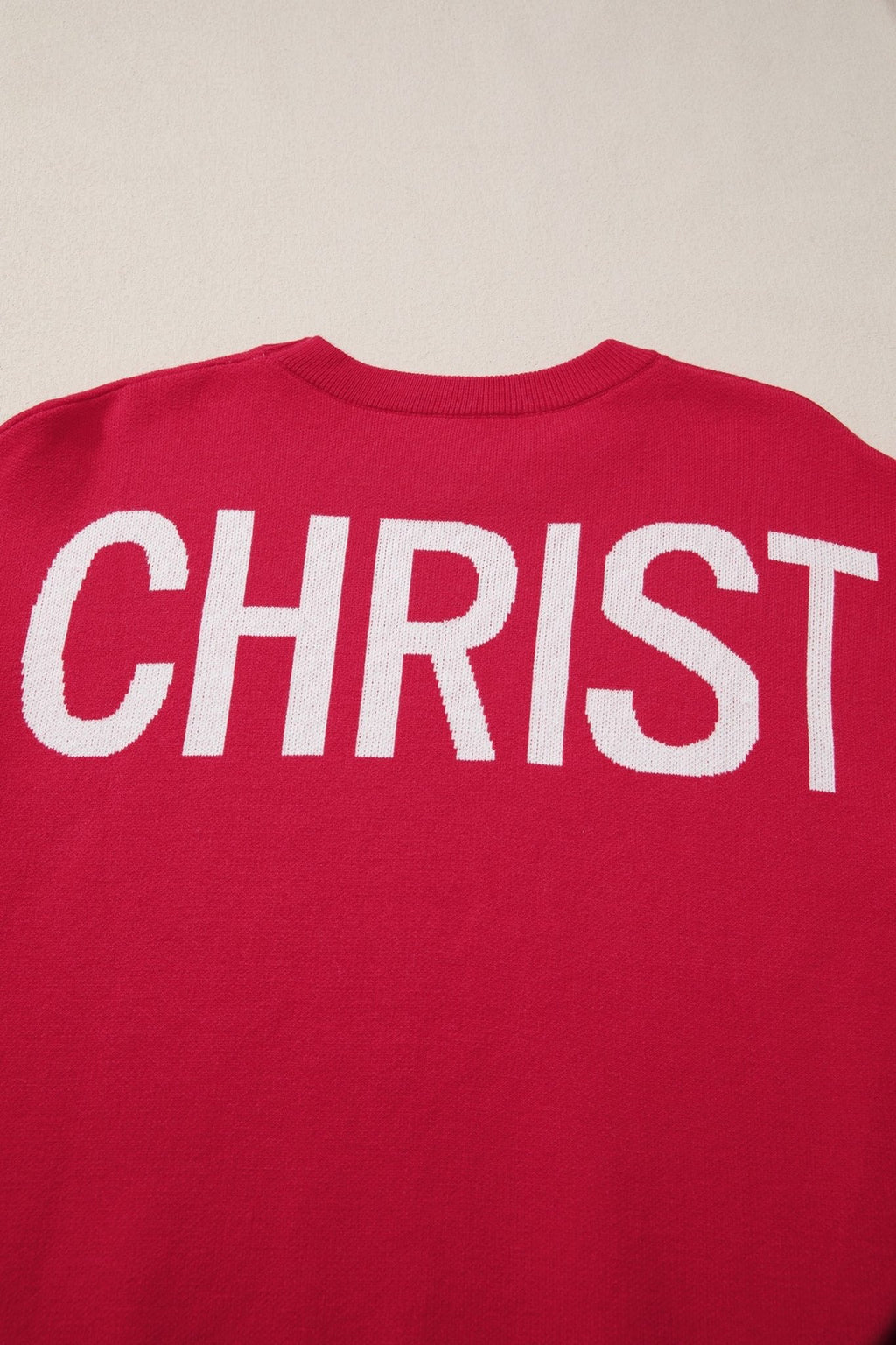Fiery Red HO HO HO MERRY CHRISTMAS Drop Shoulder Loose Sweater - The LW Shop