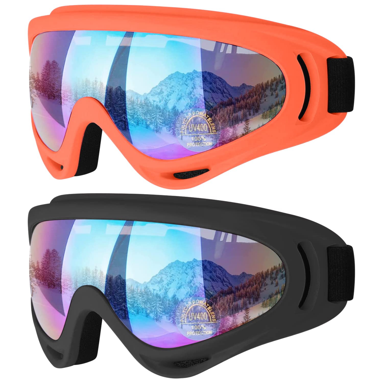 COOLOO Gafas de esquí, paquete de 2 gafas de nieve para snowboard para hombres, mujeres y niños - Protección UV, espuma, antiarañazos, a prueba de polvo
