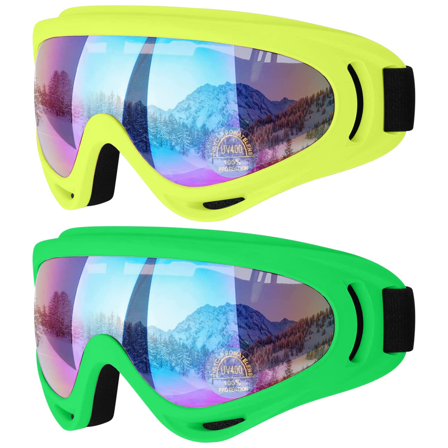 COOLOO Gafas de esquí, paquete de 2 gafas de nieve para snowboard para hombres, mujeres y niños - Protección UV, espuma, antiarañazos, a prueba de polvo