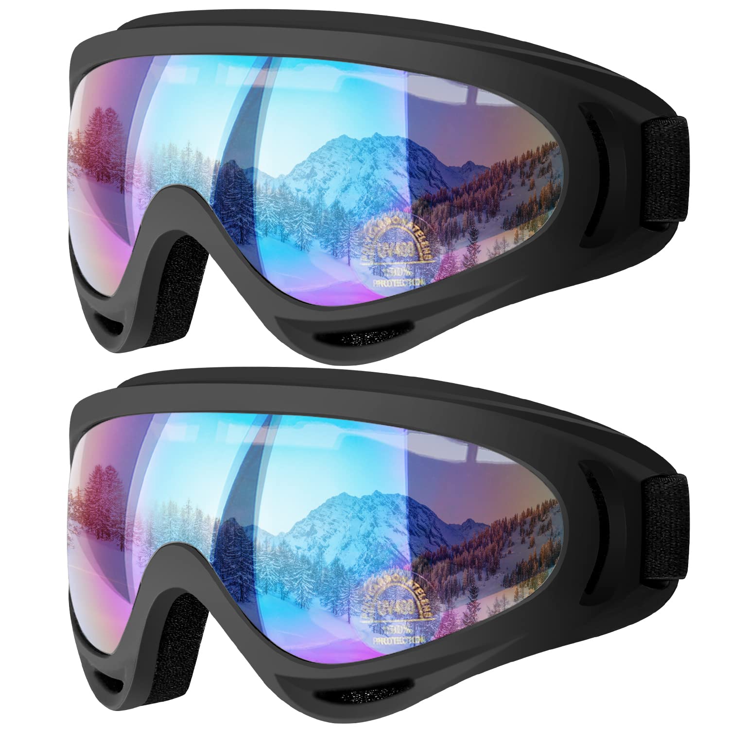 COOLOO Gafas de esquí, paquete de 2 gafas de nieve para snowboard para hombres, mujeres y niños - Protección UV, espuma, antiarañazos, a prueba de polvo
