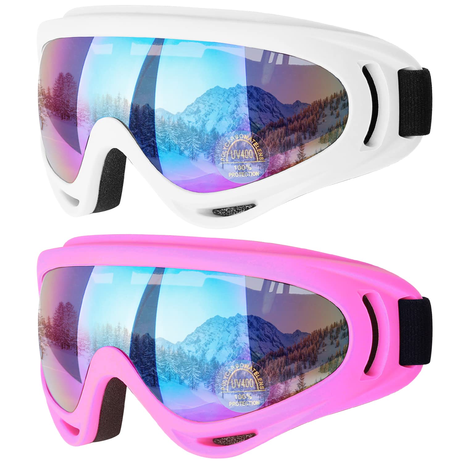 COOLOO Gafas de esquí, paquete de 2 gafas de nieve para snowboard para hombres, mujeres y niños - Protección UV, espuma, antiarañazos, a prueba de polvo