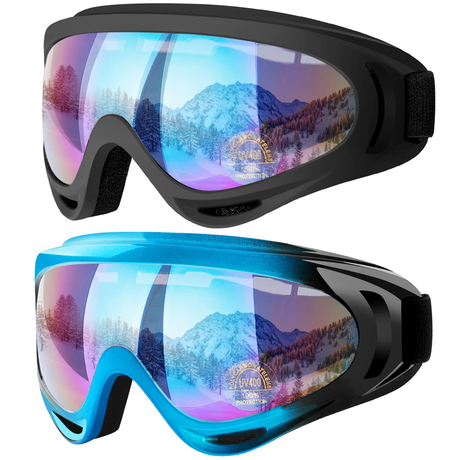 COOLOO Gafas de esquí, paquete de 2 gafas de nieve para snowboard para hombres, mujeres y niños - Protección UV, espuma, antiarañazos, a prueba de polvo