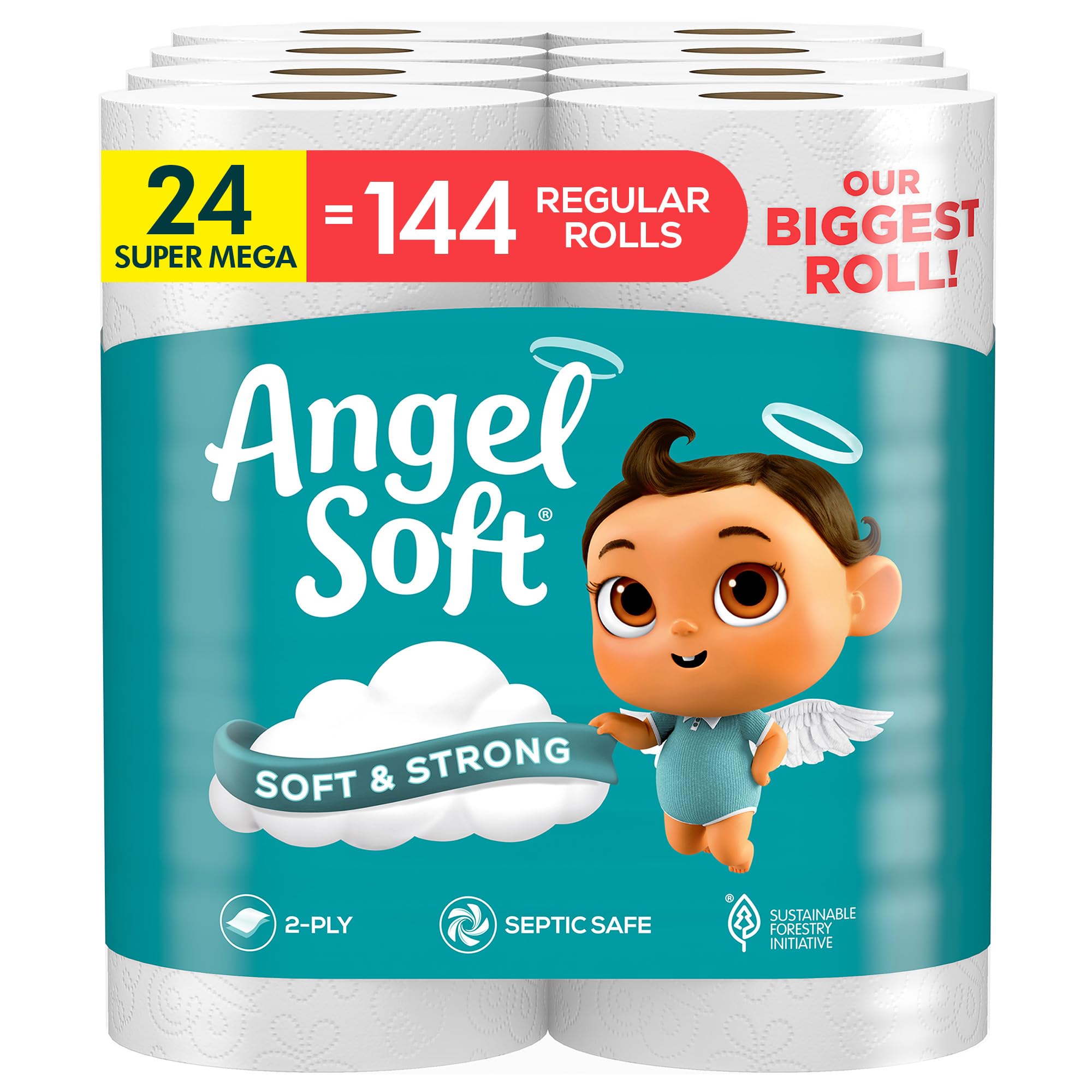 Papel higiénico Angel Soft, 18 mega rollos = 72 rollos regulares, papel higiénico suave y resistente