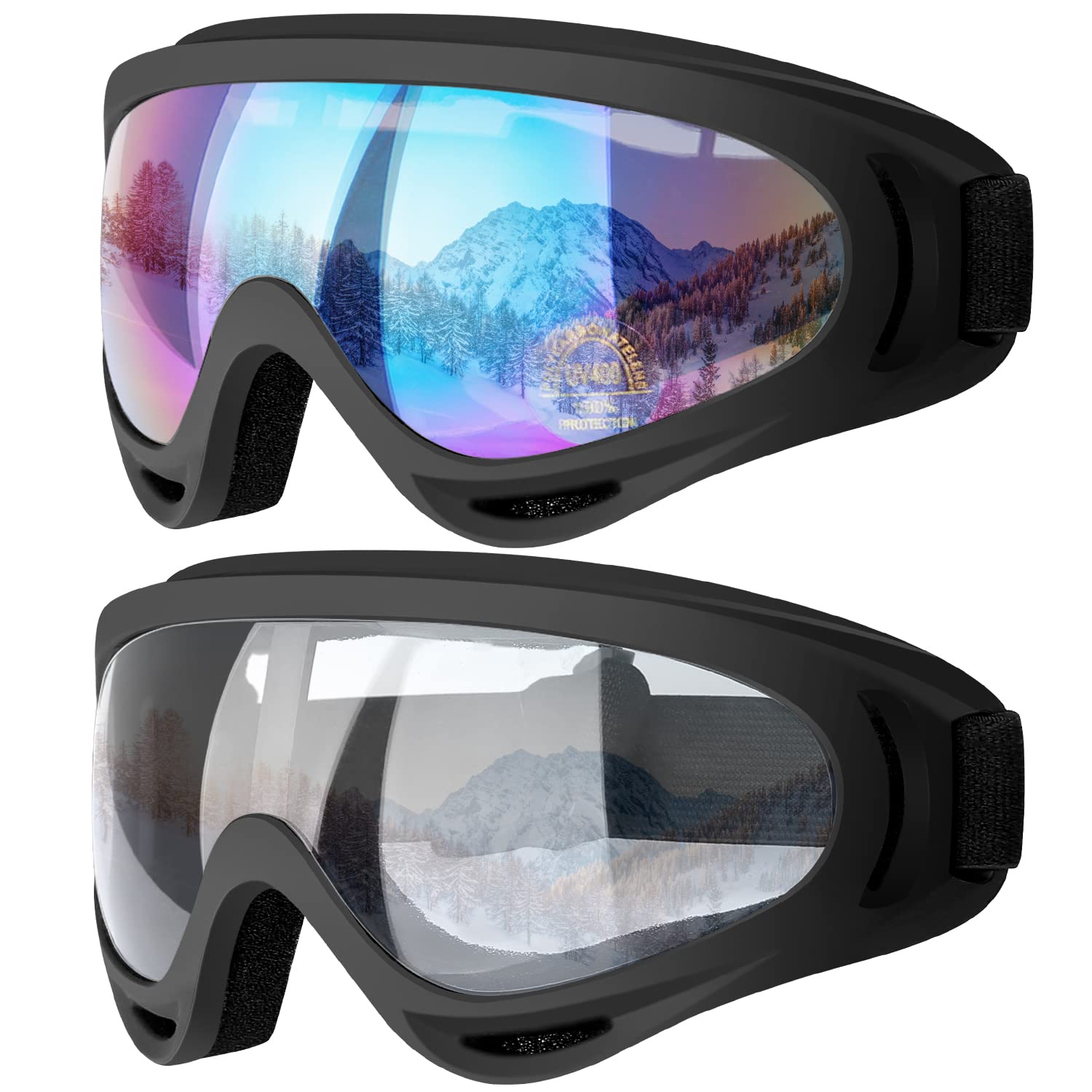 COOLOO Gafas de esquí, paquete de 2 gafas de nieve para snowboard para hombres, mujeres y niños - Protección UV, espuma, antiarañazos, a prueba de polvo