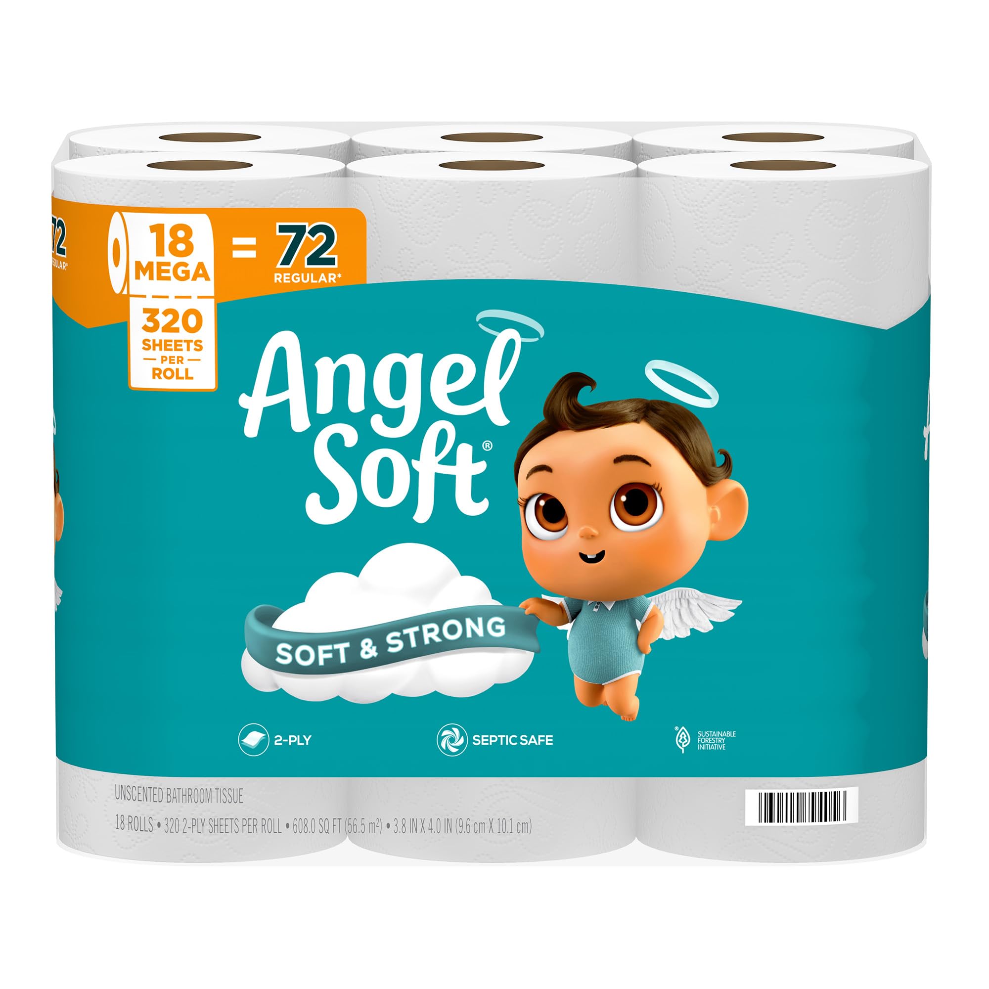 Papel higiénico Angel Soft, 18 mega rollos = 72 rollos regulares, papel higiénico suave y resistente